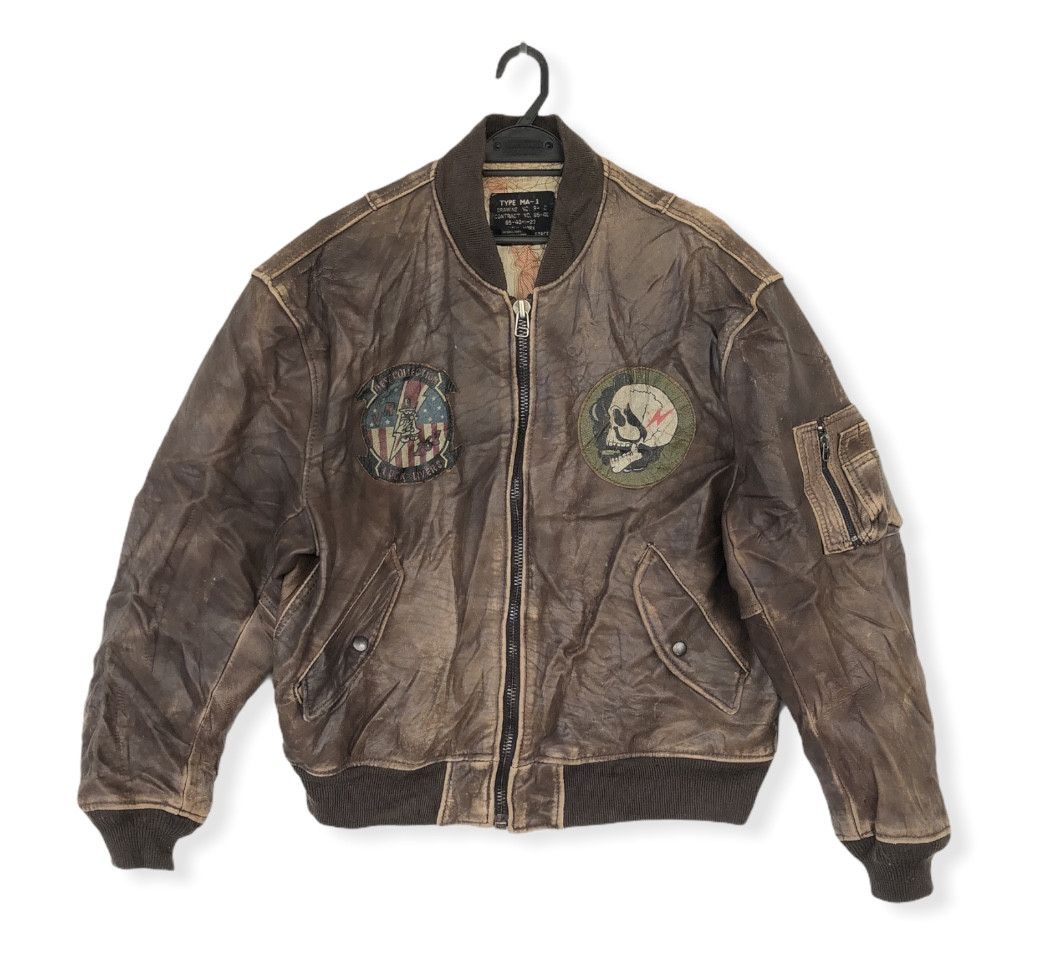 image of Ma 1 x US Air Force Vintage 80’S Ma-1 Fighter Leather Jacket in Brown Leather, Men's (Size Large)