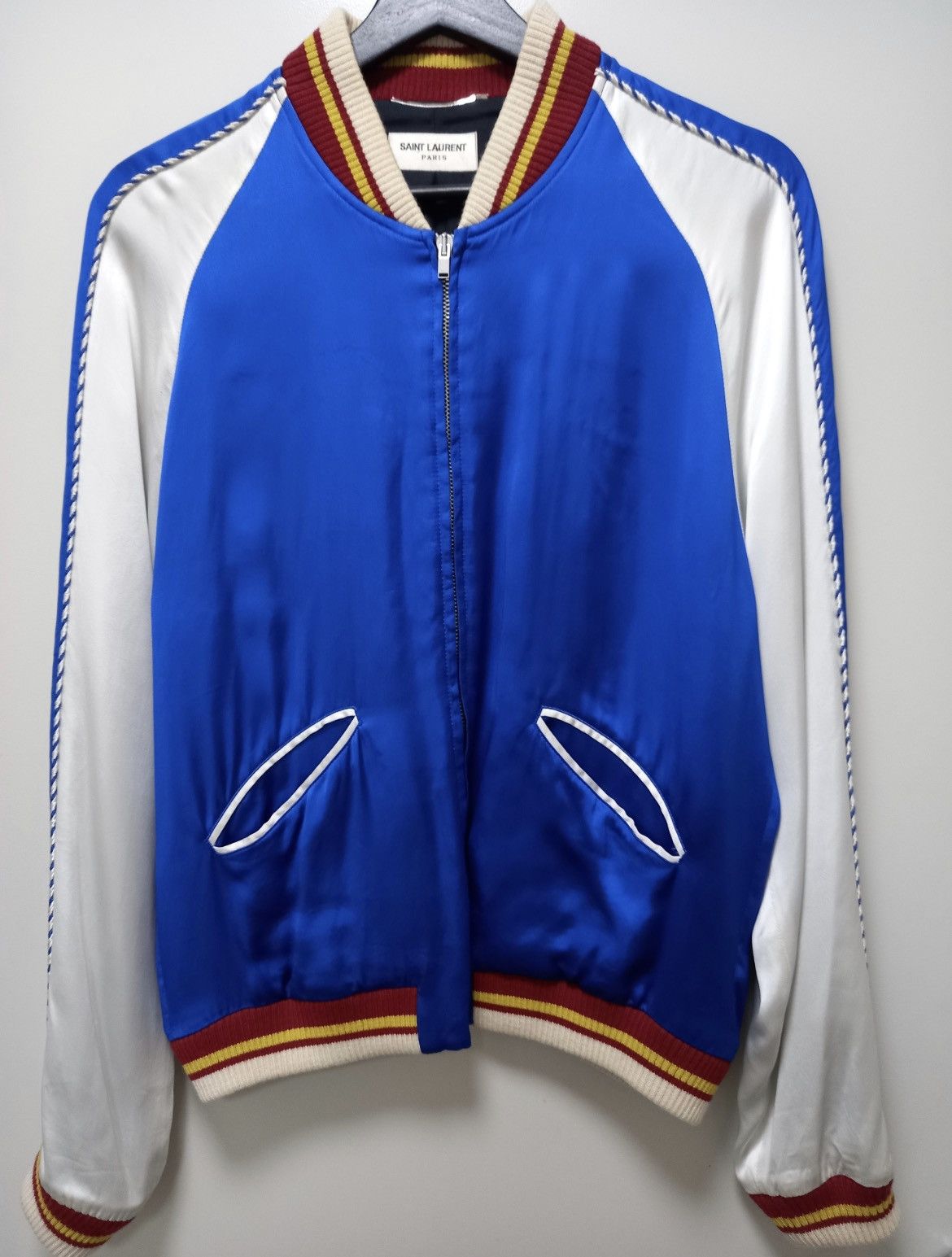 Hedi Slimane × Saint Laurent Paris 14SS Blue Satin Teddy Jacket Size 50S - 1 Thumbnail