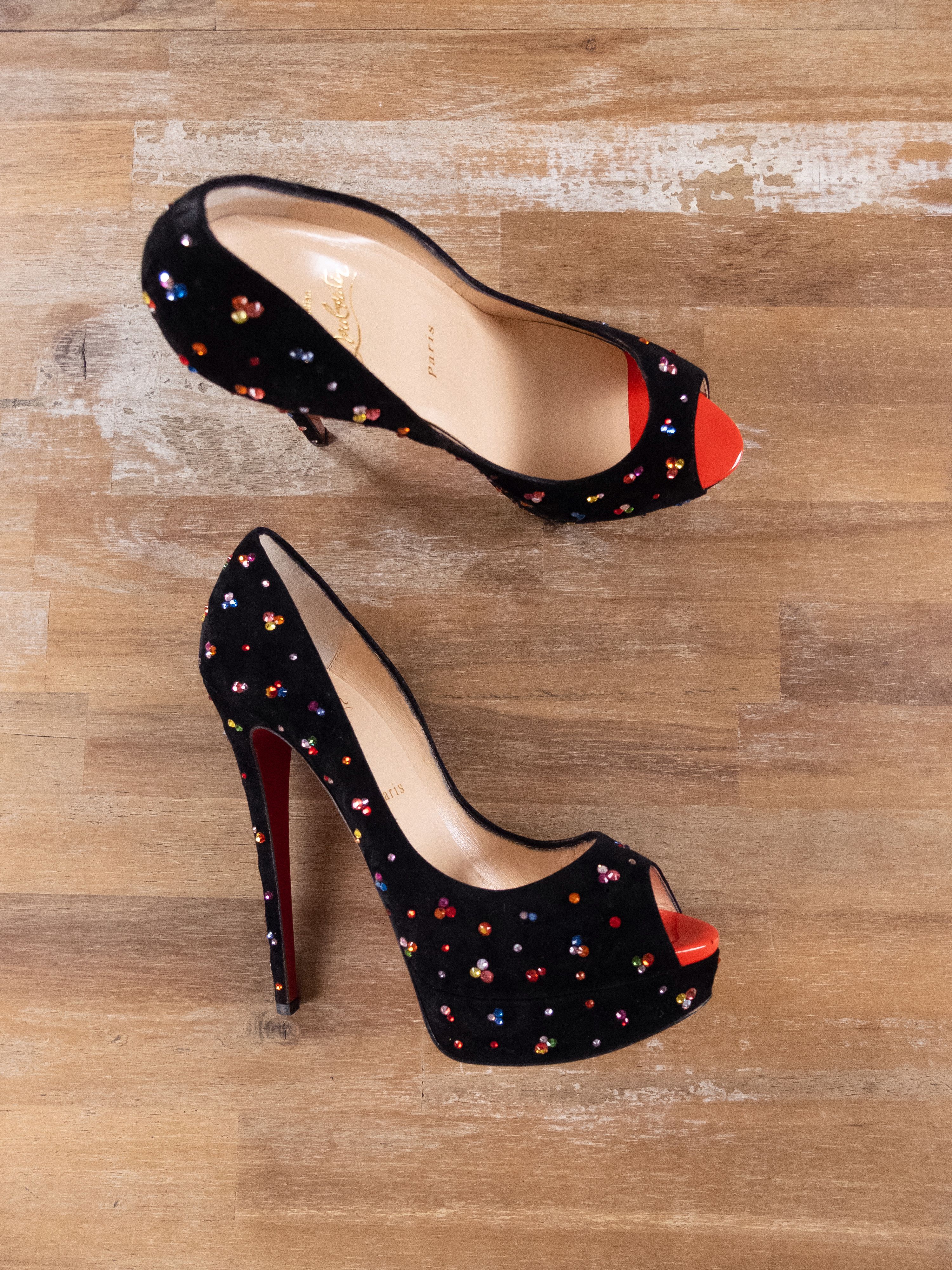 CHRISTIAN LOUBOUTIN Lady Peep black crystal platform pumps