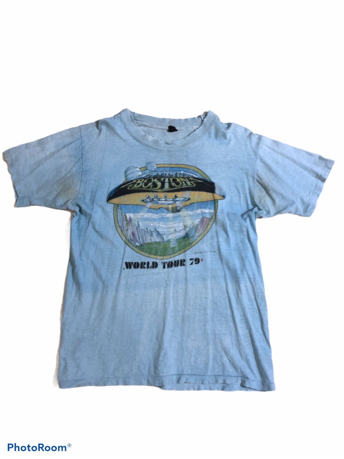 Thrashed/Distressed 70s Boston world tour 79 band tees