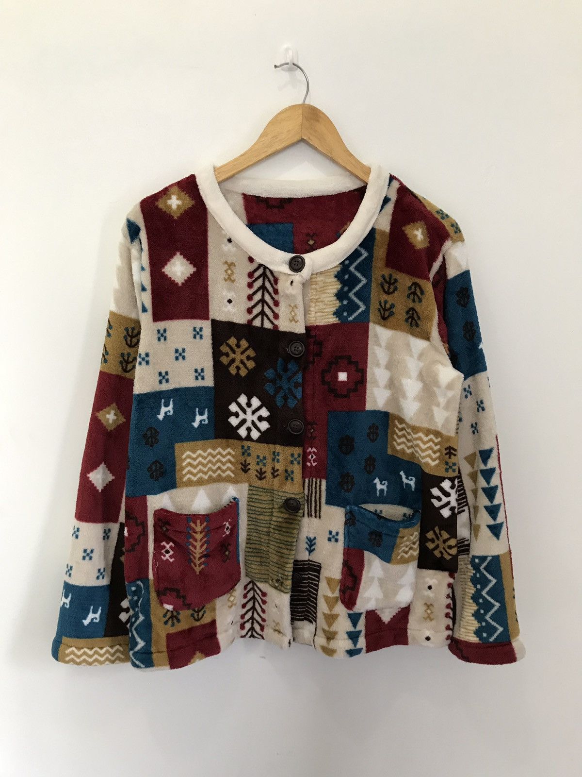 Vintage Japanese Patchwork Print Fleece Jacket Nice Design