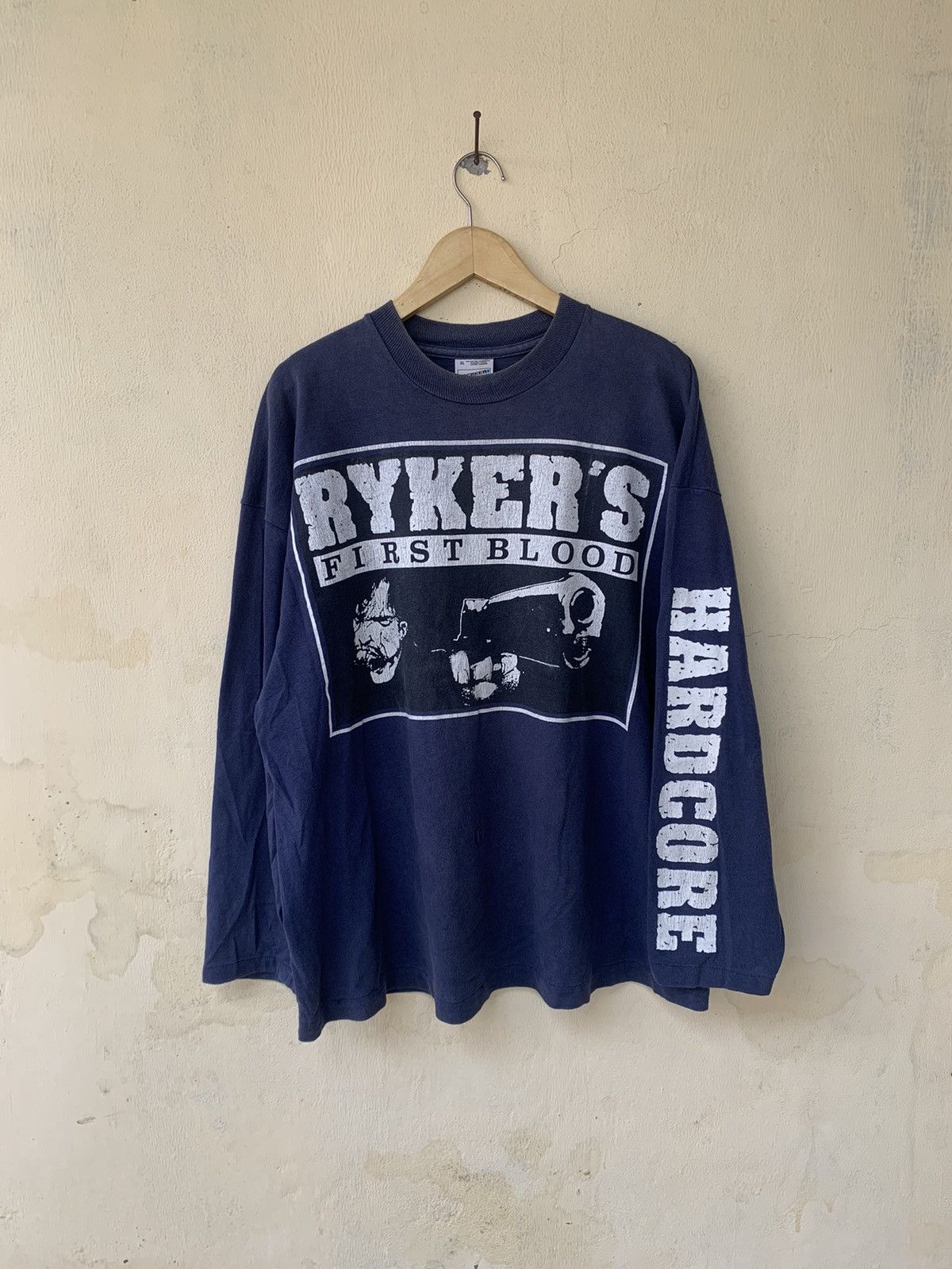 image of Band Tees x Vintage 90's OG Rykers Frist Blood Hardcore Longsleeve in Navy, Men's (Size XL)