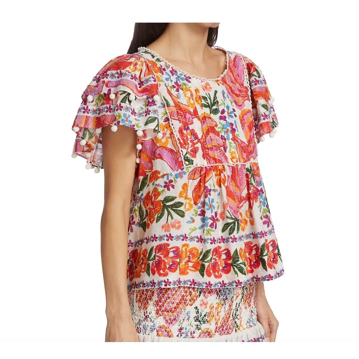 Farm Rio Farm Rio Spring Bananas Pintuck Blouse L Top Floral Ruffle P ...