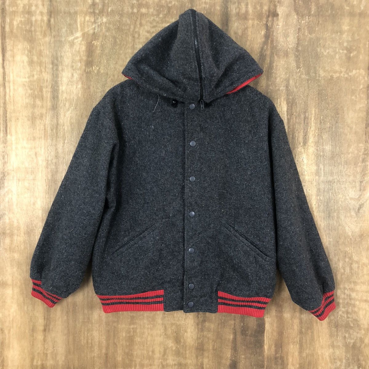 Japanese Brand MITSUWA FUKUSO GREY WOOL VARSITY JACKET HOODIES #1874 Size US M / EU 48-50 / 2 - 3 Thumbnail