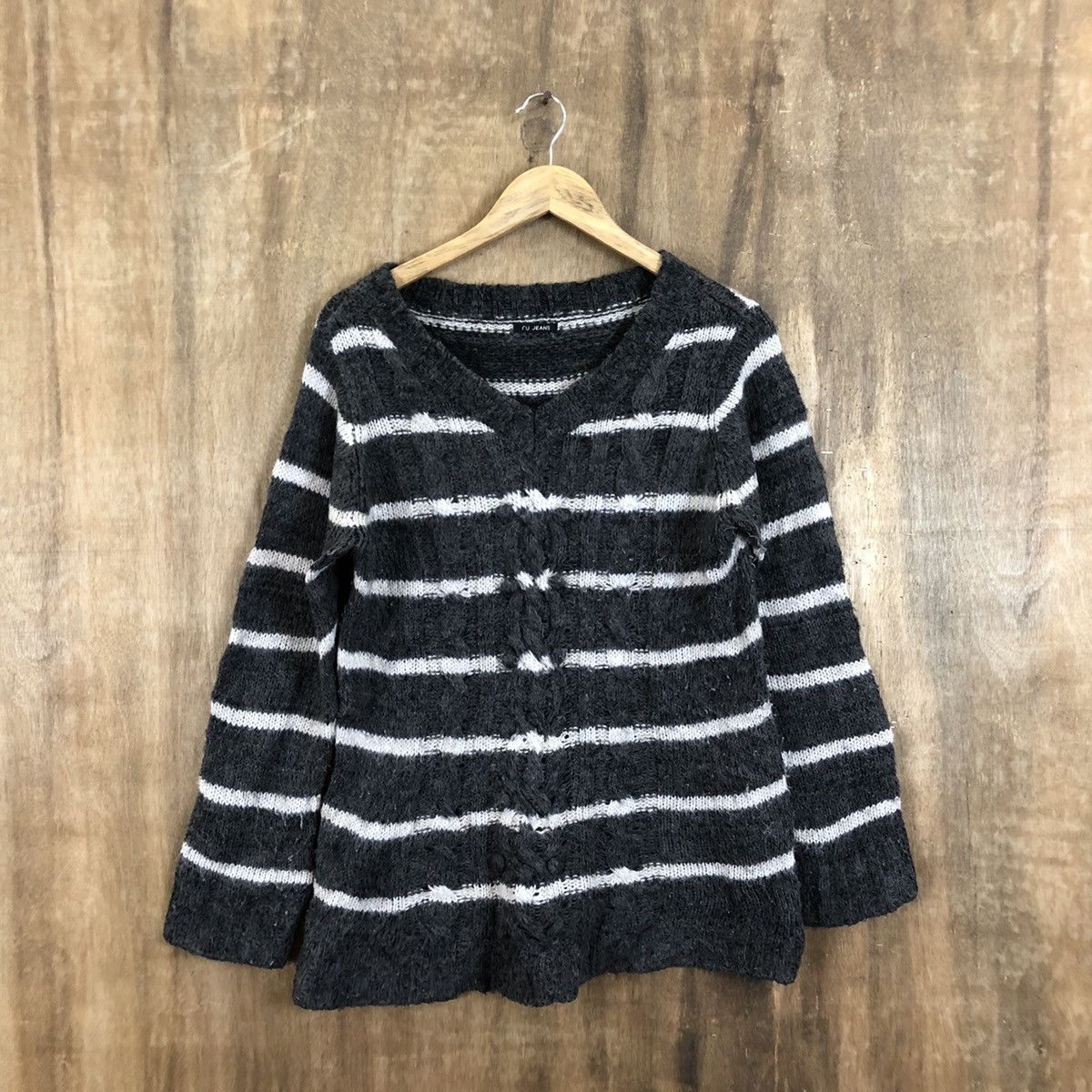 image of Coloured Cable Knit Sweater x Over The Stripes Ru Jeans Mohair Grey Stripe Knitwear 088 (Size Mediu