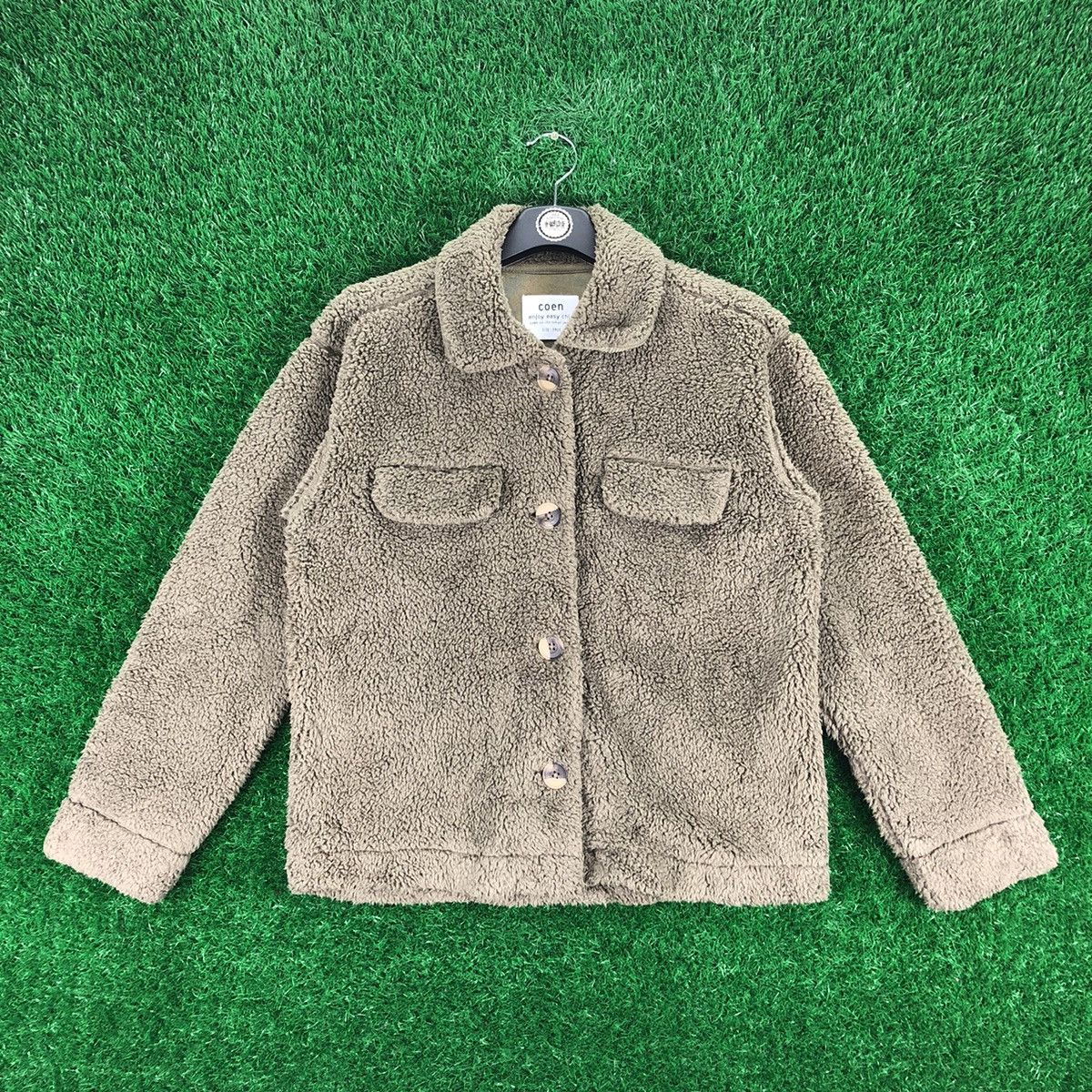 image of Vintage Y2K Sherpa Jacket Flap Pocket By Coen in Green, Men's (Size Small)