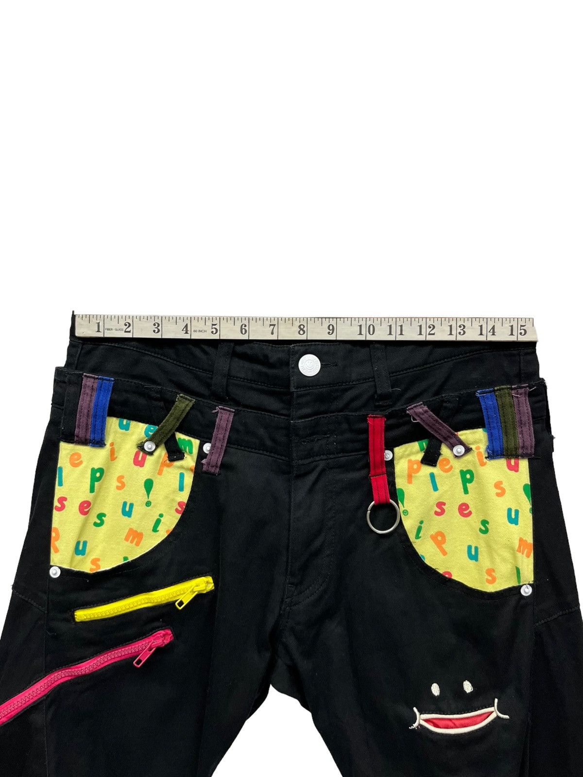 Japanese Brand 😛UP! SMILE Double Waist Stretch Cotton Fun Art Smiley Pants Size US 31 - 21 Thumbnail