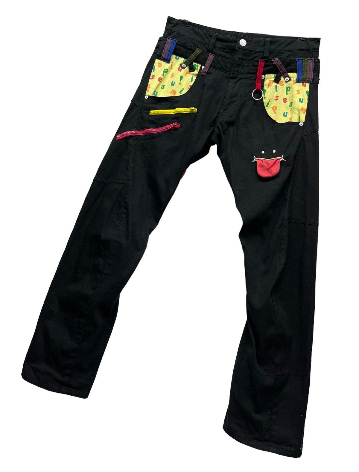 Japanese Brand 😛UP! SMILE Double Waist Stretch Cotton Fun Art Smiley Pants Size US 31 - 3 Thumbnail