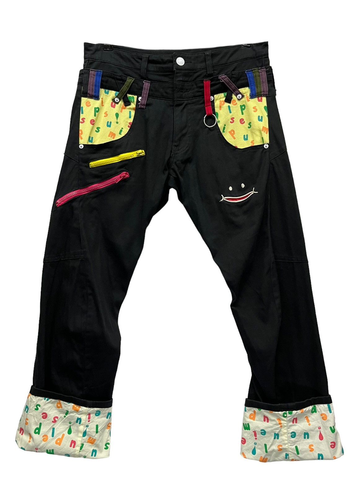 Japanese Brand 😛UP! SMILE Double Waist Stretch Cotton Fun Art Smiley Pants Size US 31 - 5 Thumbnail