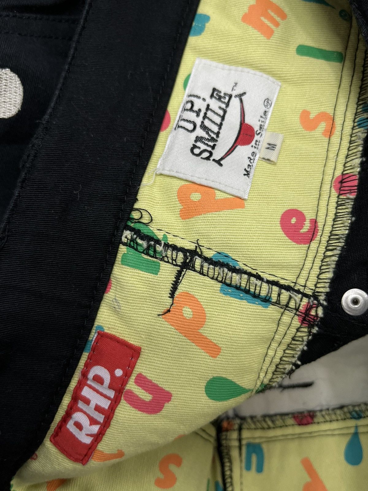 Japanese Brand 😛UP! SMILE Double Waist Stretch Cotton Fun Art Smiley Pants Size US 31 - 19 Thumbnail