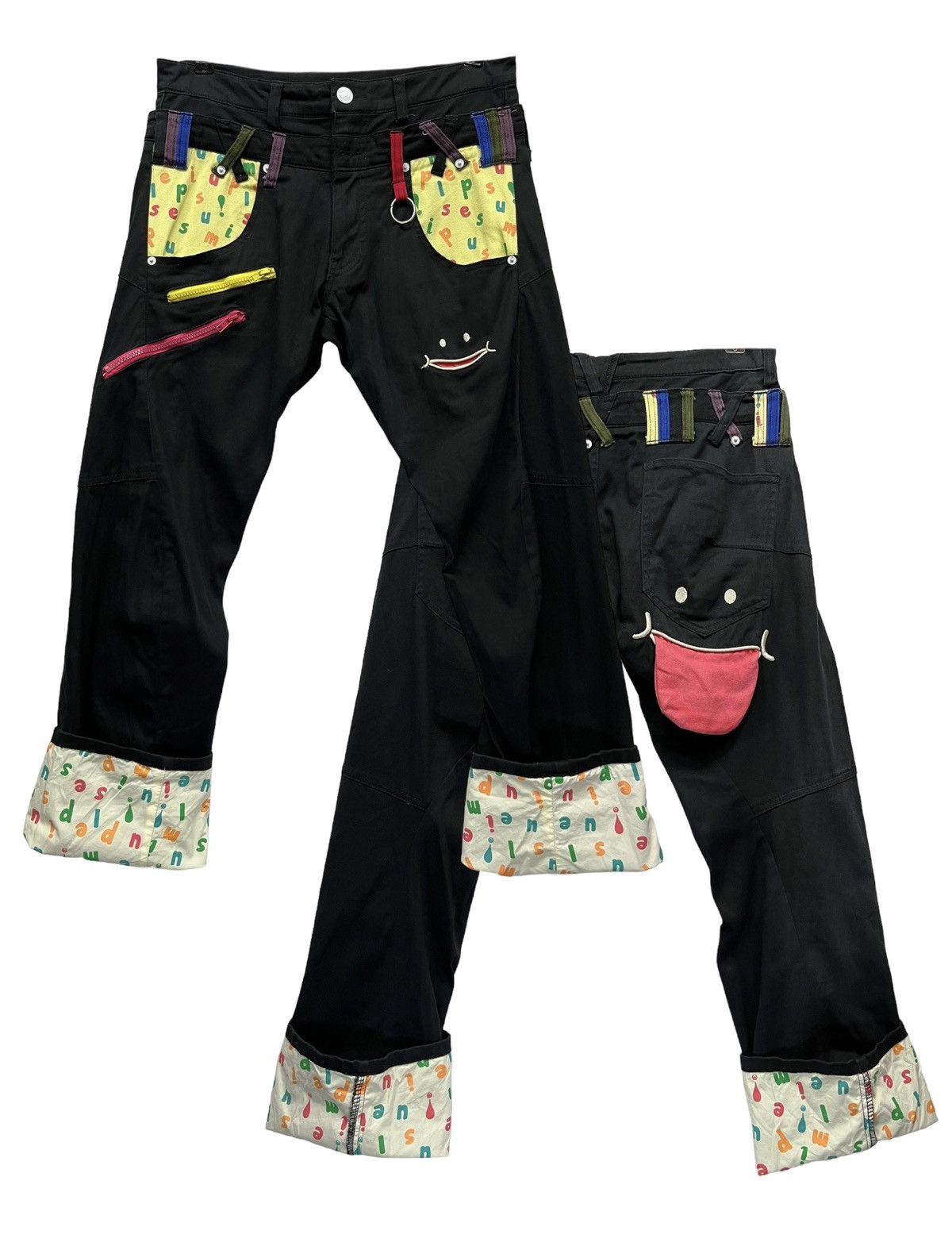 Japanese Brand 😛UP! SMILE Double Waist Stretch Cotton Fun Art Smiley Pants Size US 31 - 1 Thumbnail