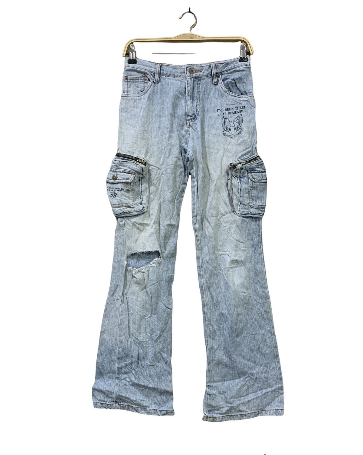 Japanese Brand 90s 3D Baggy Multipocket Distressed Flare Cargo Denim Jeans Size 28" / US 6 / IT 42 - 1 Thumbnail