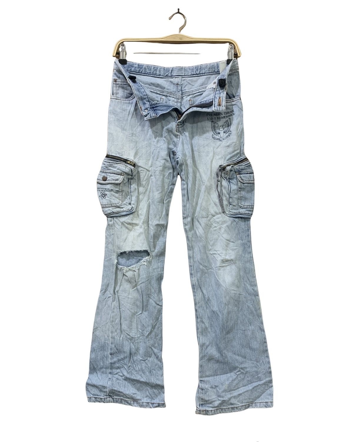 Japanese Brand 90s 3D Baggy Multipocket Distressed Flare Cargo Denim Jeans Size 28" / US 6 / IT 42 - 3 Thumbnail