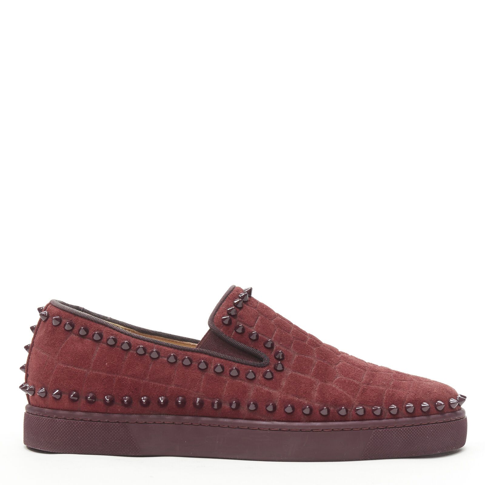 image of Christian Louboutin Pik Boat Burgundy Croc Suede Spike Stud Low Top Sneaker Eu41 in Red (Size 8)