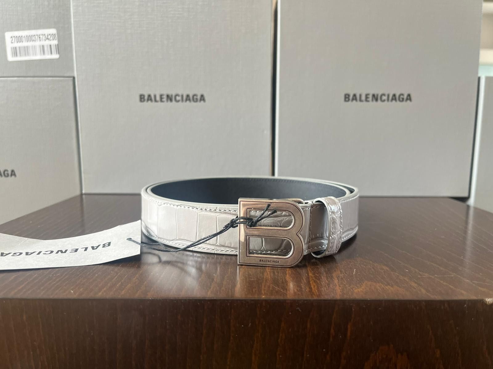 image of Balenciaga Fossil Grey Croc Embossed Belt, Men's (Size 28)