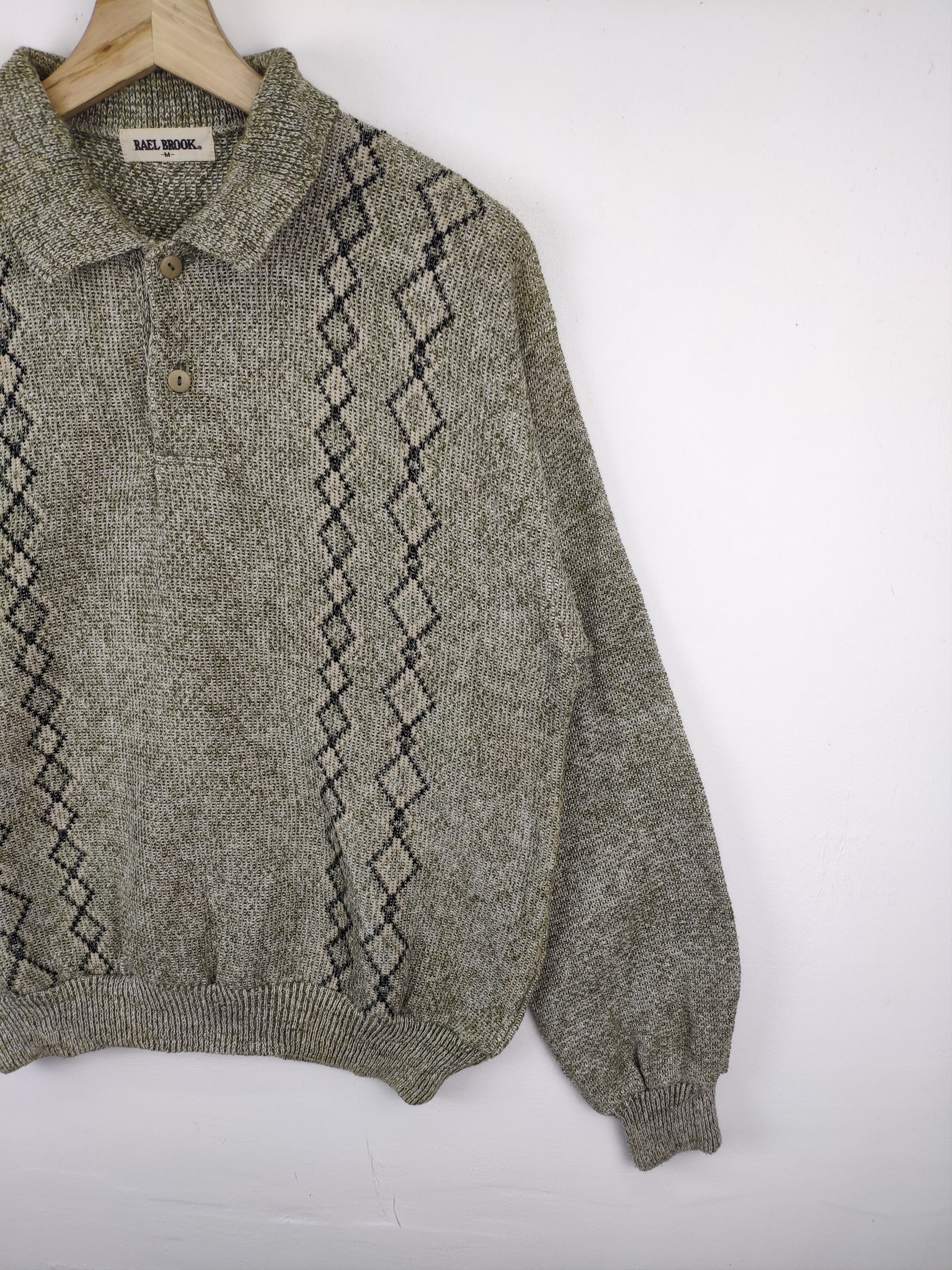 Aran Isles Knitwear × Japanese Brand × Vintage Vintage Polo Knit Shirt Long Sleeve Diamond Pattern Size US M / EU 48-50 / 2 - 6 Thumbnail