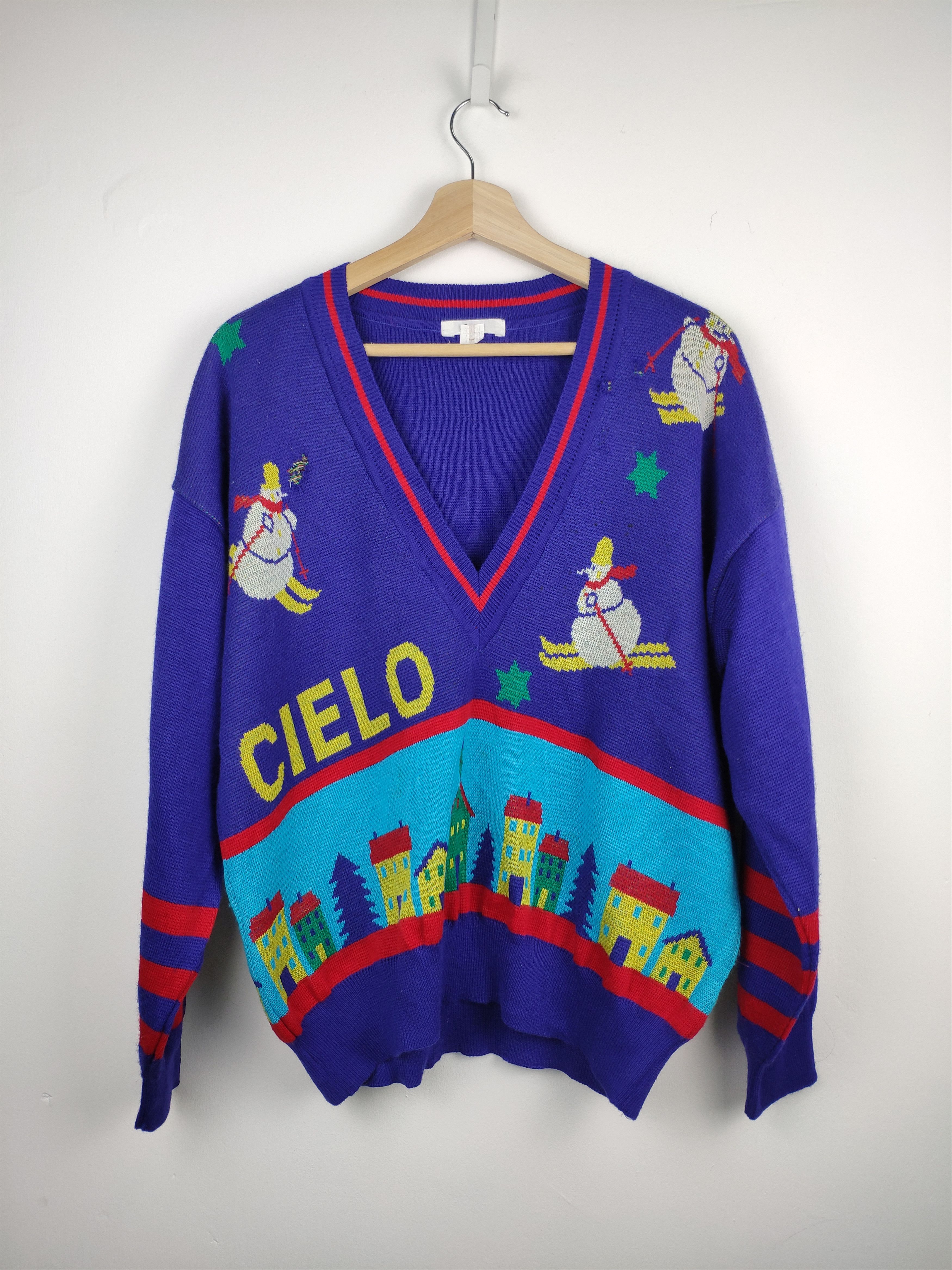 Aran Isles Knitwear × Japanese Brand × Vintage Vintage Wool Knit Sweater V Neck Givy Cartoon Size US L / EU 52-54 / 3 - 1 Thumbnail