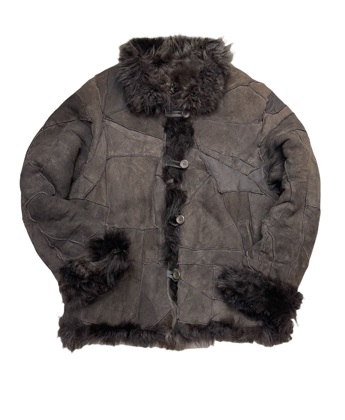 image of Sheepskin Coat x Vintage Real Sheepskin Fur Patchwork Jacket in Dark Brown, Men's (Size Medium)