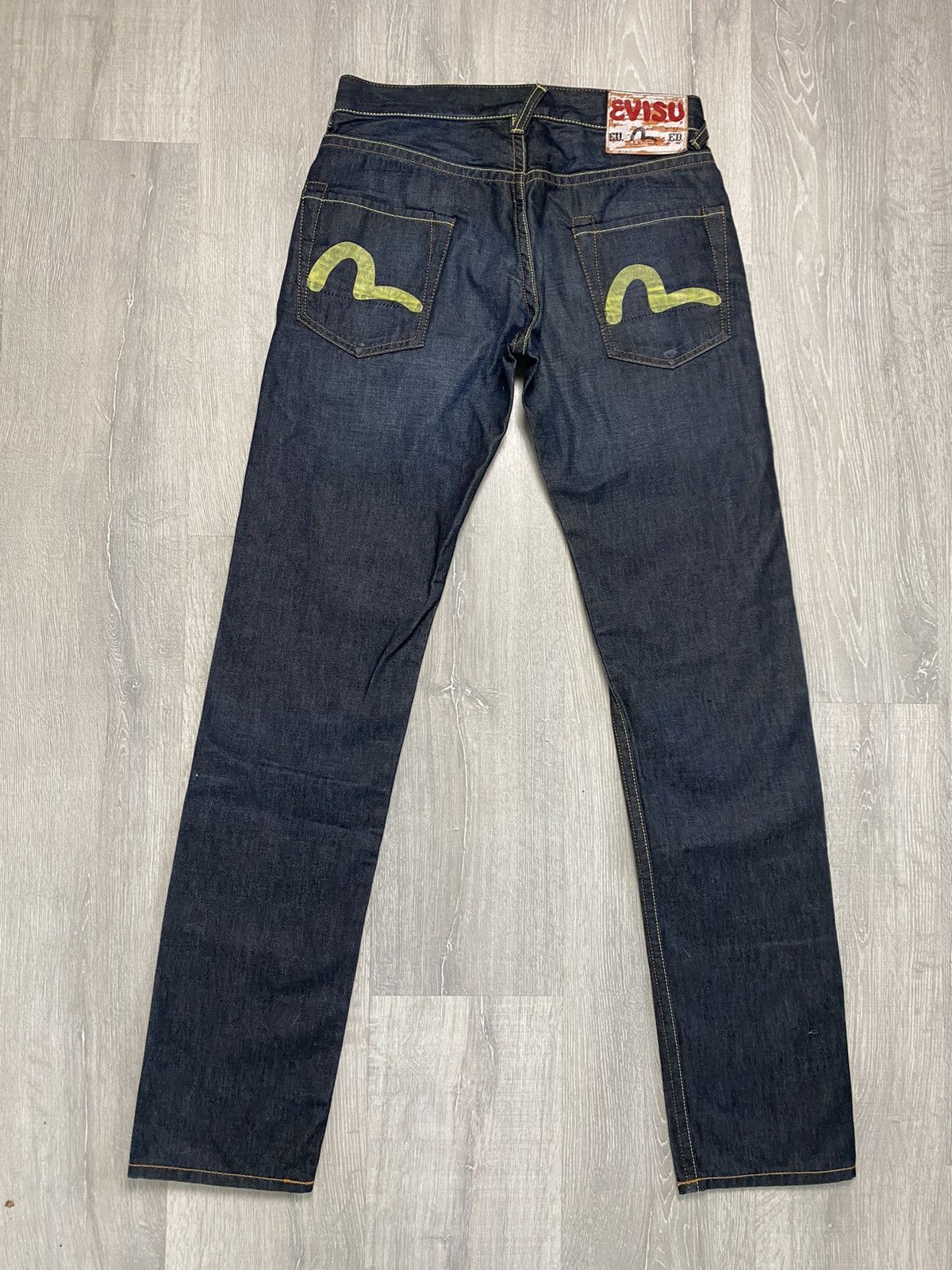 Evisu jeans EU ED vintage navy raw denim yellow seagulls