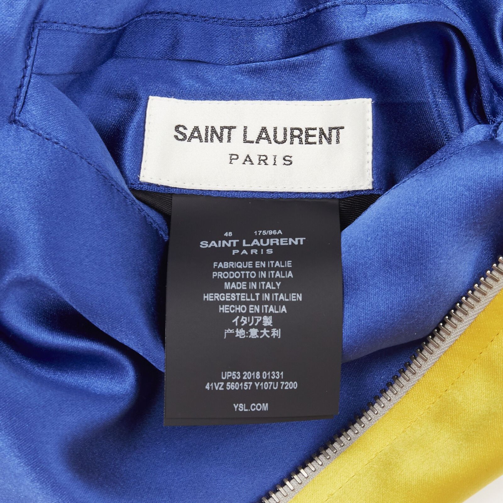 Saint Laurent Paris new SAINT LAURENT 2018 Reversible yellow blue satin bird embroidery bomber EU50 Size US L / EU 52-54 / 3 - 12 Preview