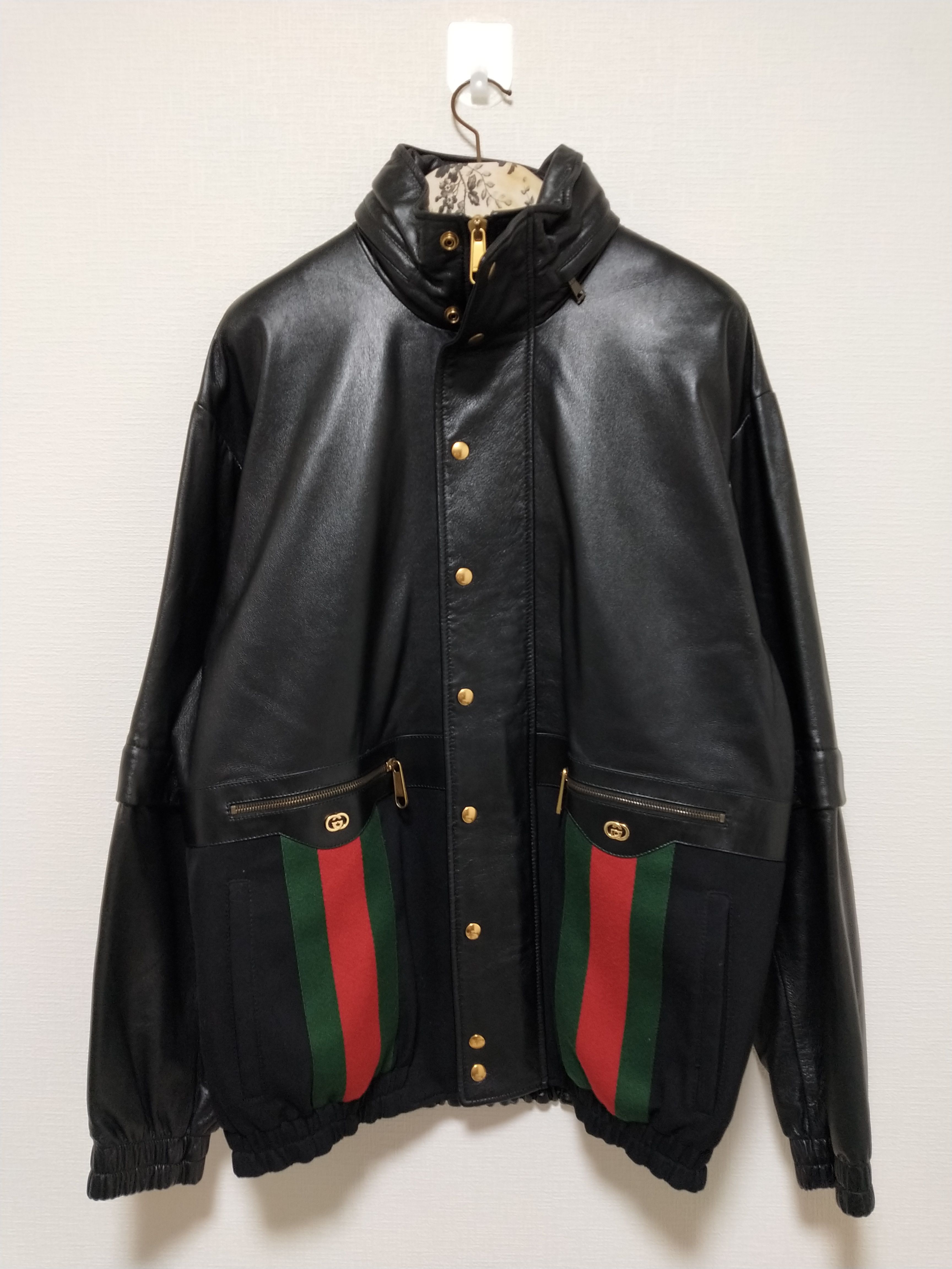 Pre-owned Gucci Web Leather Bomber Jacket In Black