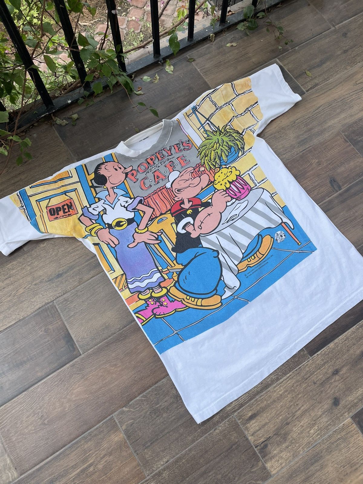 image of 1990X Clothing x Cartoon Network 1994 Popeye’S Cafe All Over Print Series Promo Tee in White (Size 