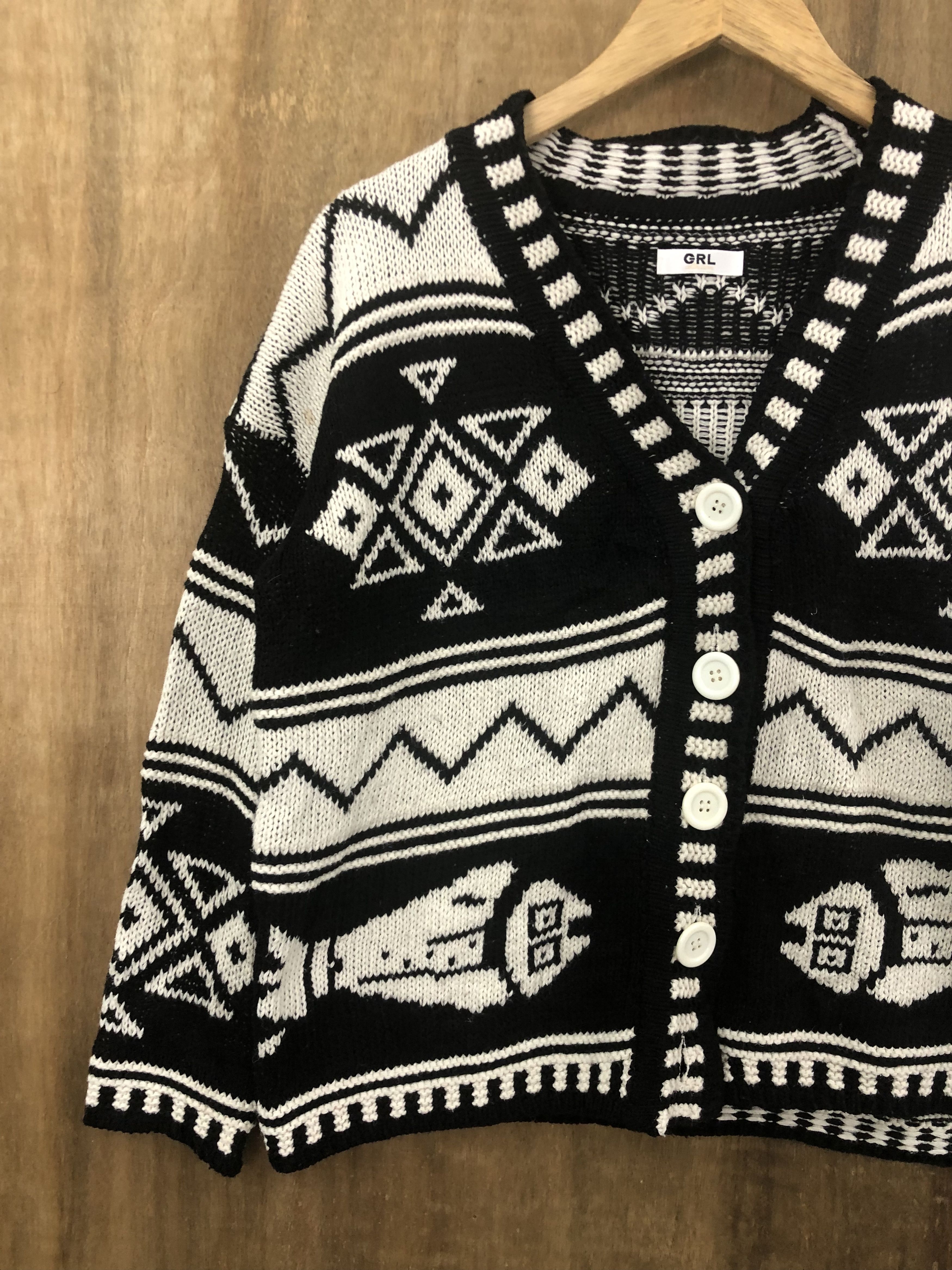 Homespun Knitwear DL GRL Black White motive art Knitwear Cardigan #W735 Size US M / EU 48-50 / 2 - 5 Thumbnail