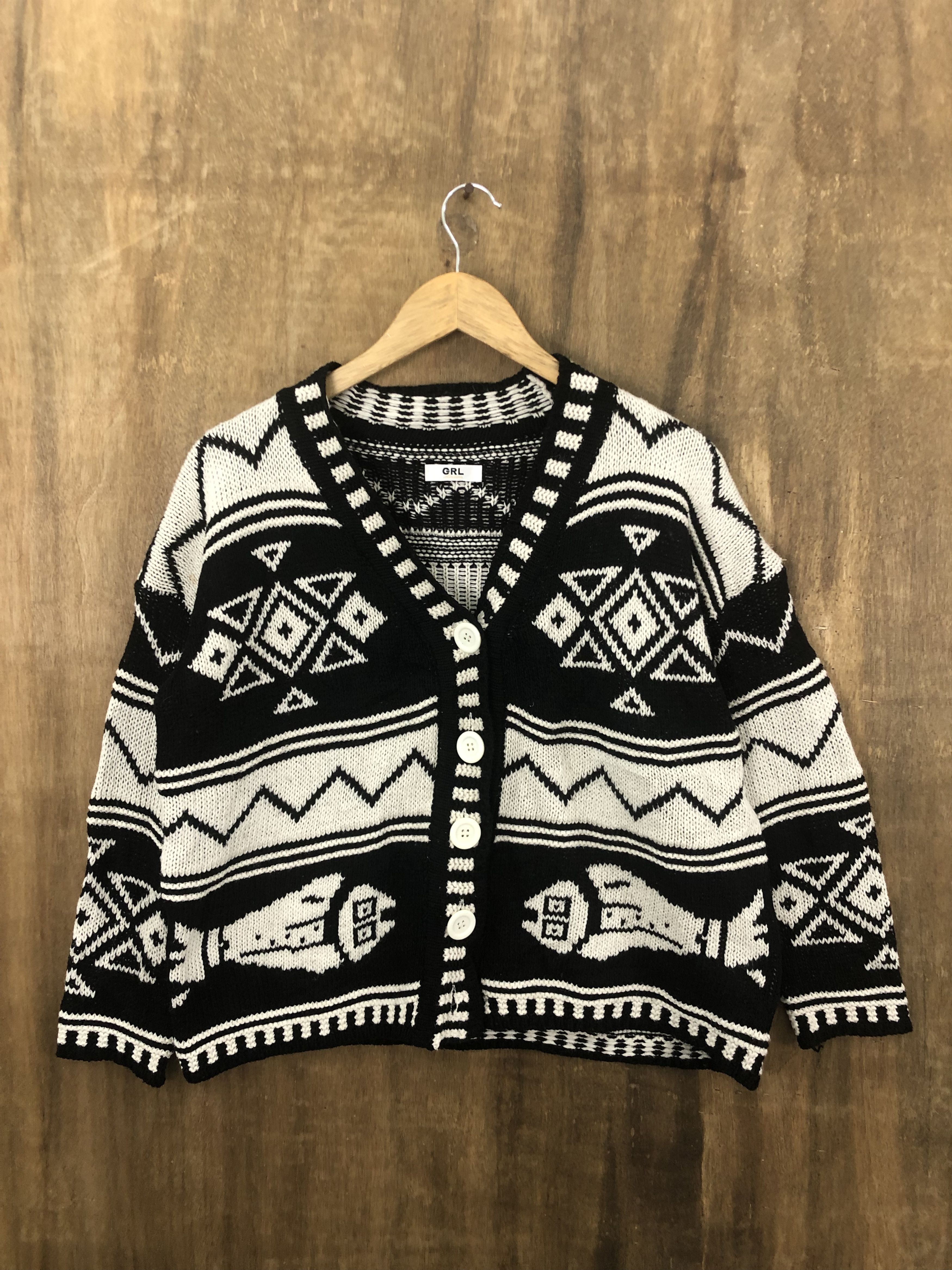 Homespun Knitwear DL GRL Black White motive art Knitwear Cardigan #W735 Size US M / EU 48-50 / 2 - 1 Thumbnail