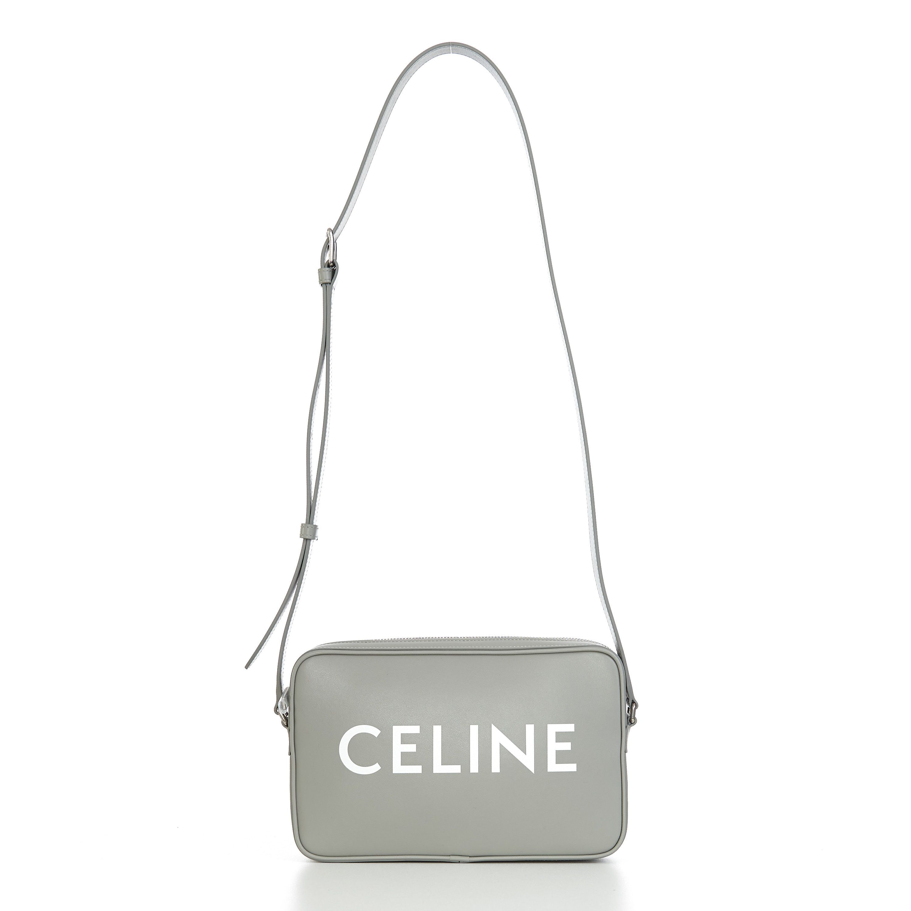 Celine Medium Messenger Bag In Pale Grey Calfskin With Logo Print, Men's