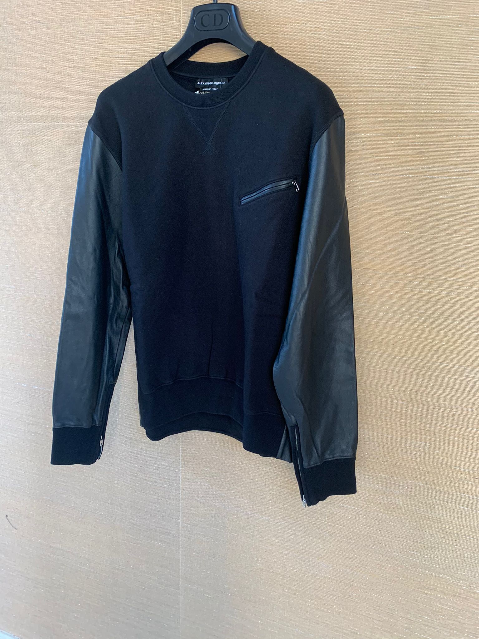 image of Alexander Mcqueen Leather Sleeve Crewneck Sweater In Black Color, Men's (Size Small)