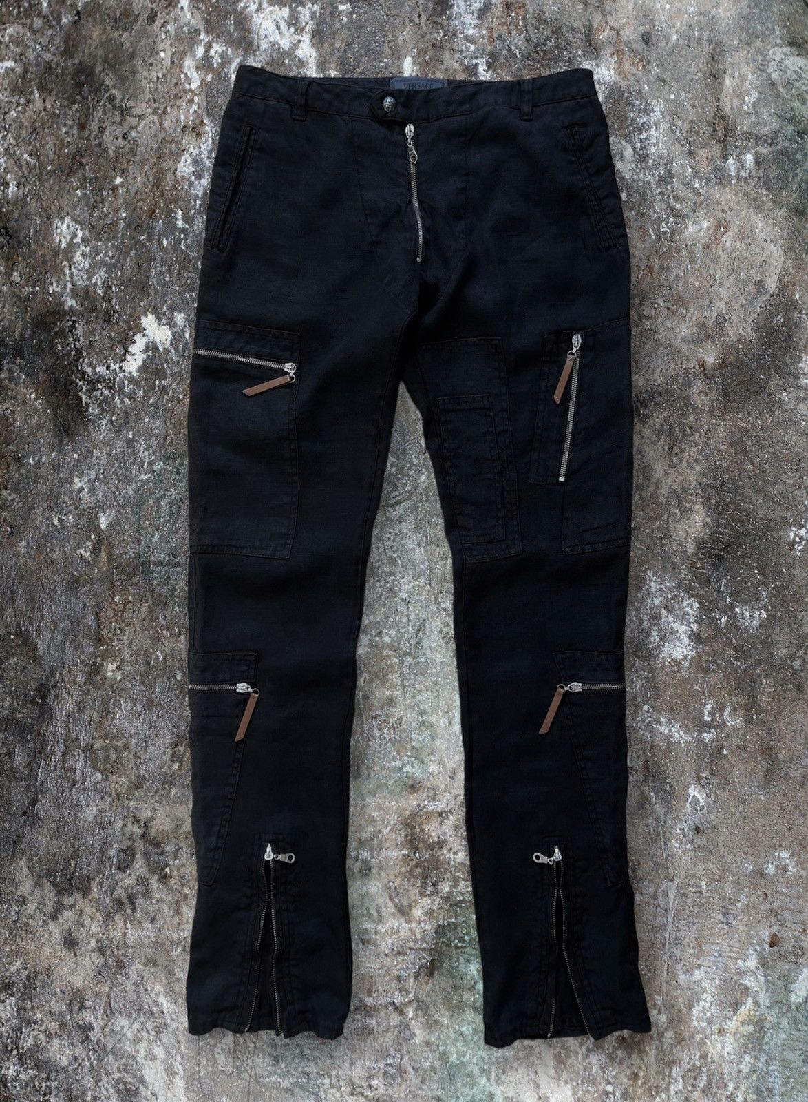 image of Avant Garde x Versace Multizip Linen Cargo Trousers Pants in Black, Men's (Size 33)