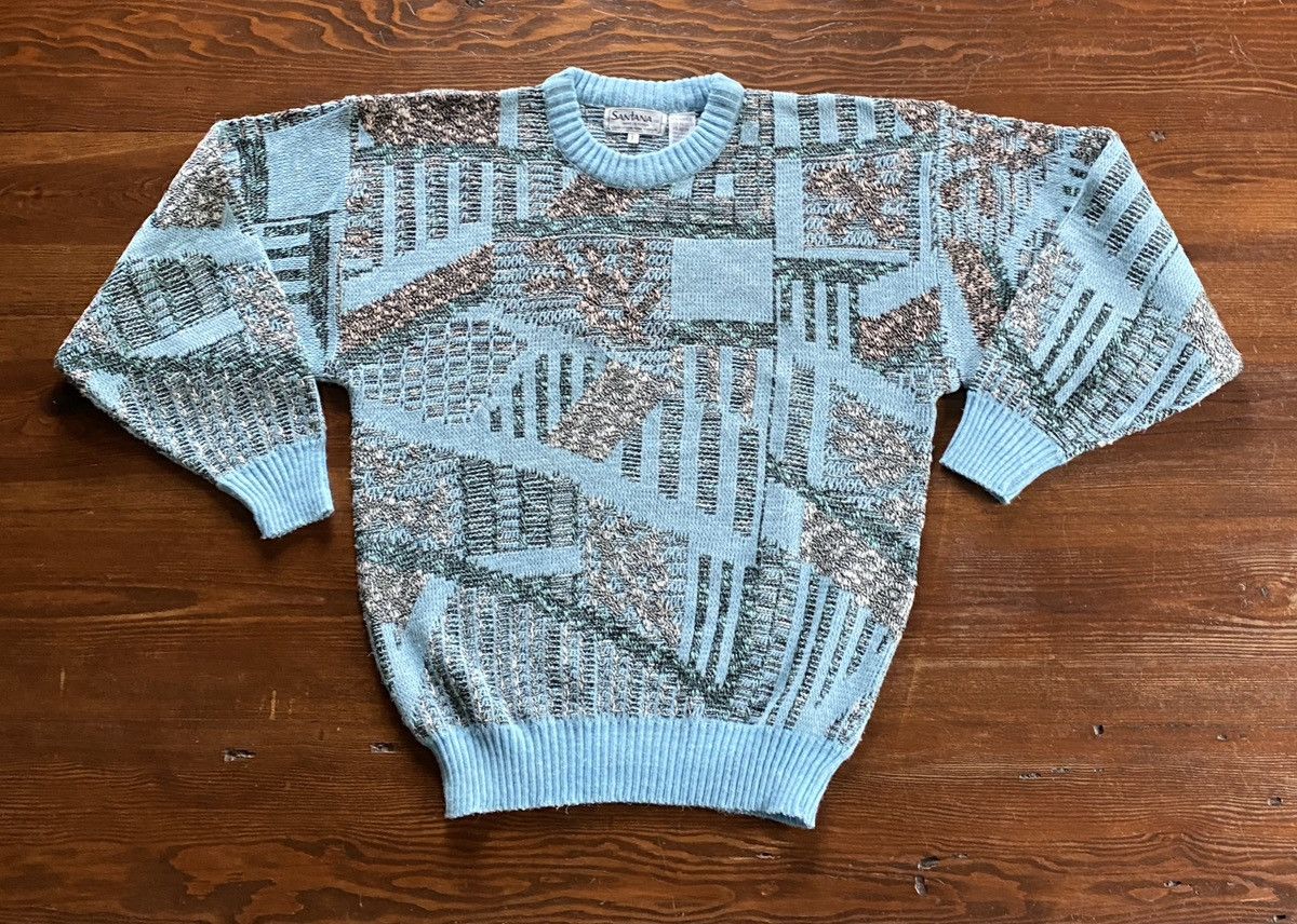 Vintage Vintage 80’s Santana Light Blue Abstract Knit Sweater Size US M / EU 48-50 / 2 - 2 Thumbnail