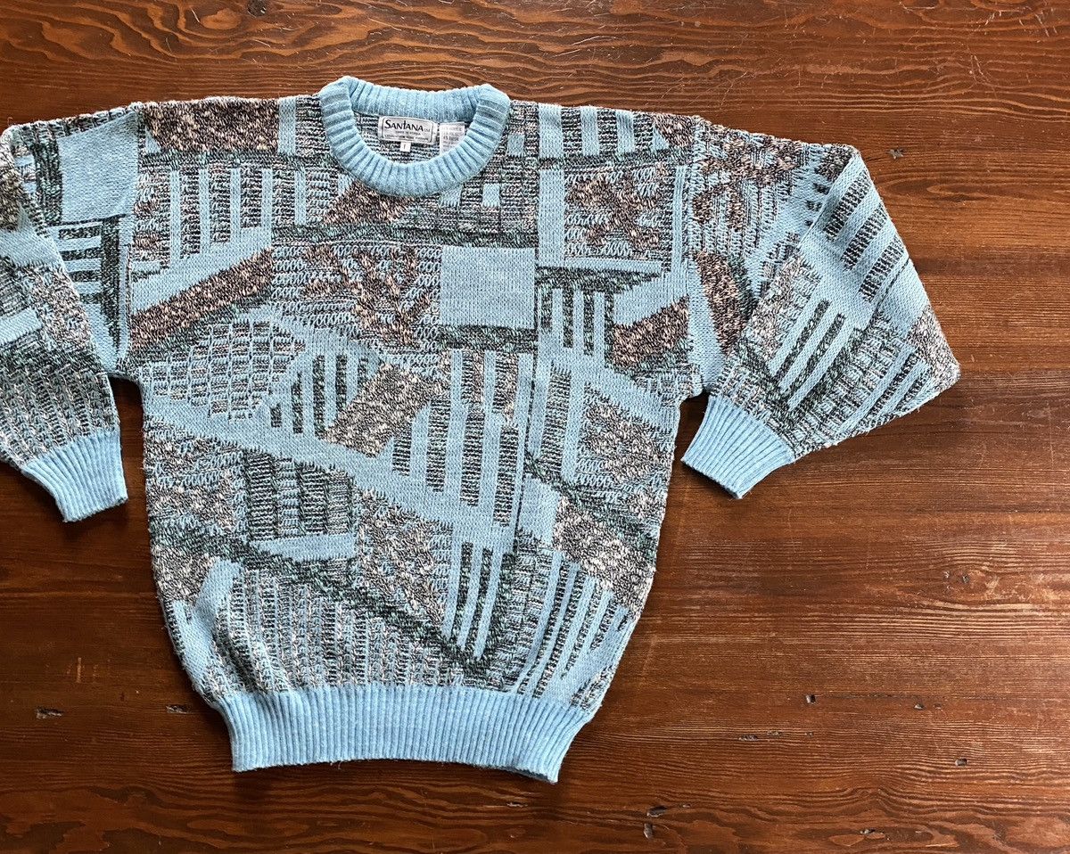 Vintage Vintage 80’s Santana Light Blue Abstract Knit Sweater Size US M / EU 48-50 / 2 - 1 Thumbnail