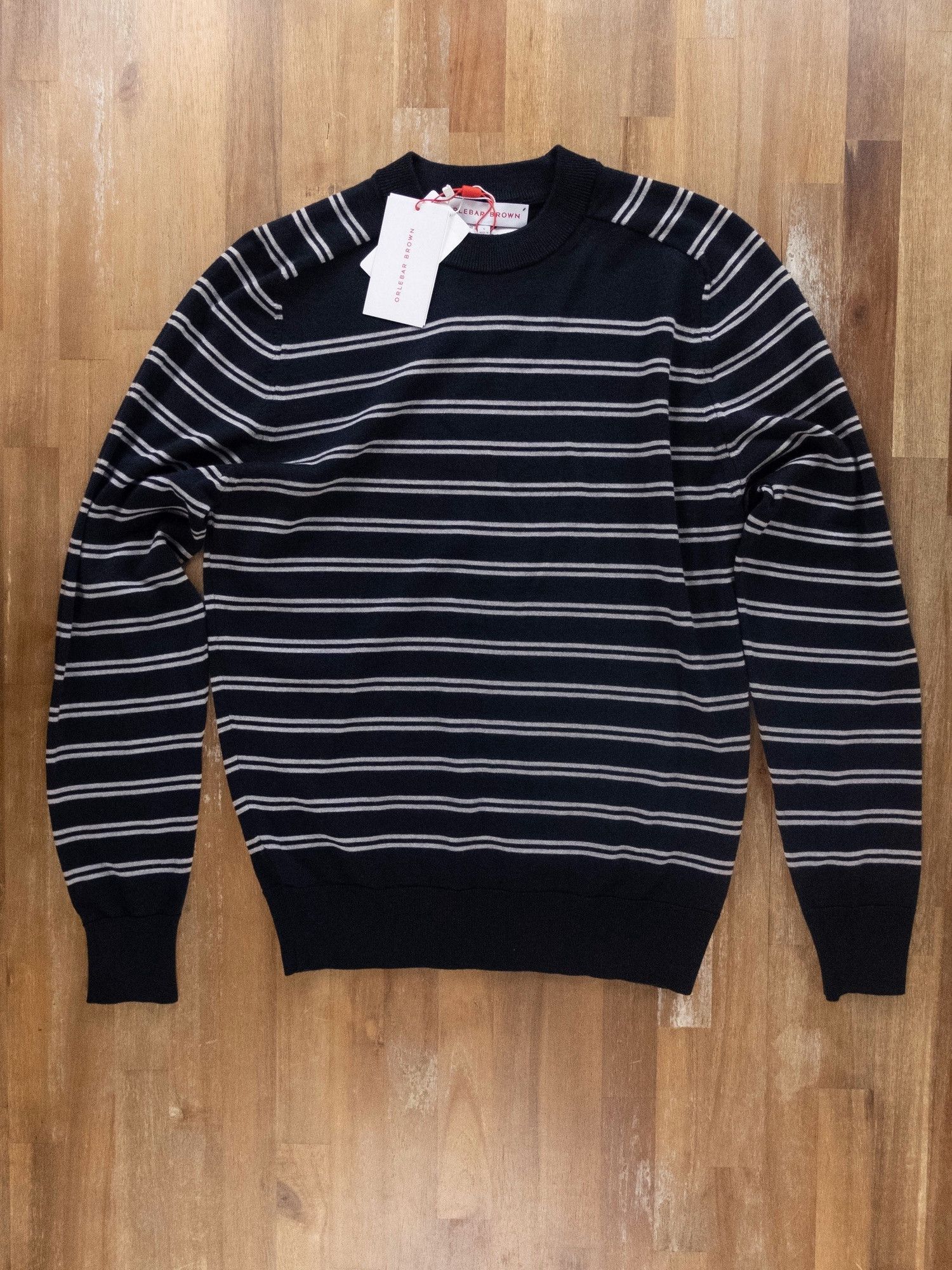 image of Orlebar Brown Navy Blue Striped Merino Wool Sweater Small, Men's