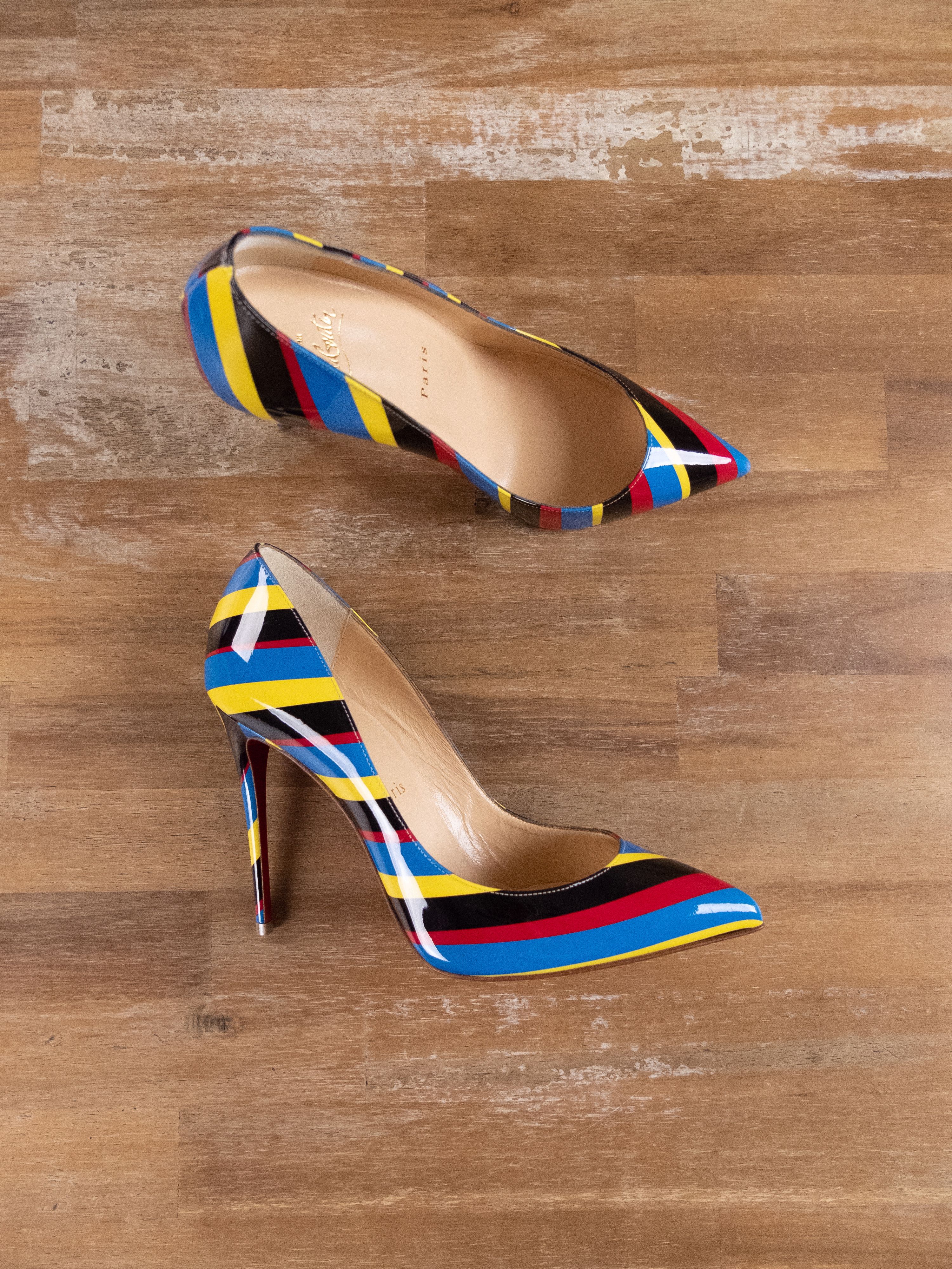 image of Christian Louboutin Pigalle Airstripe Patent Leather Pumps Shoes in Mix, Women's (Size 8)