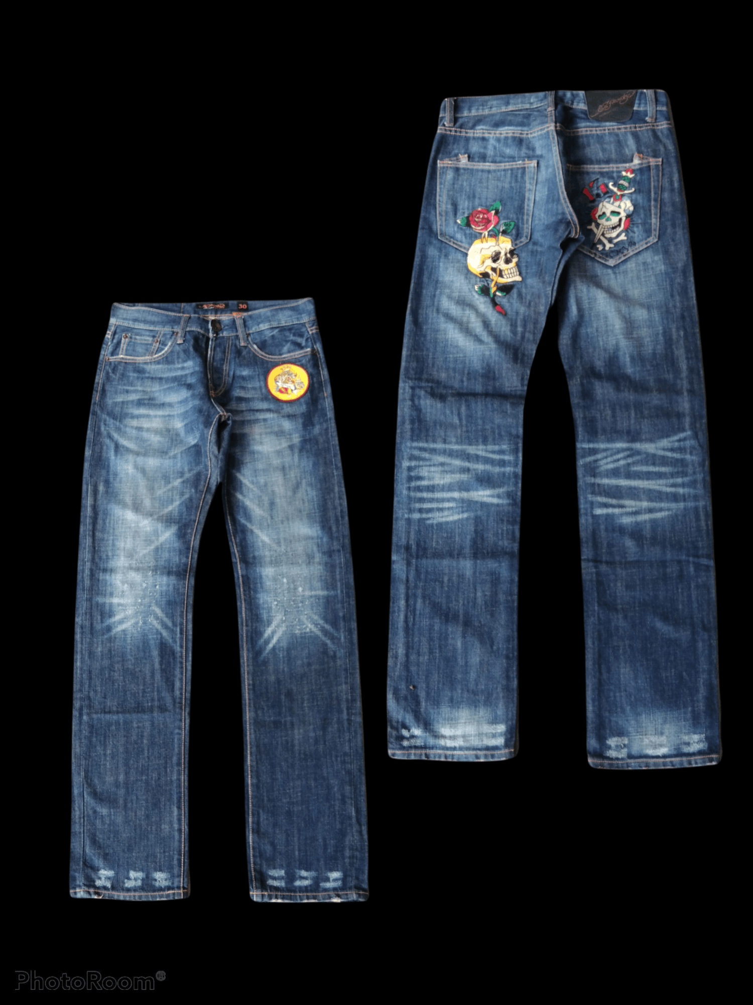 image of Distressed Denim x Ed Hardy Distressed Embroided Skull Ed Hardy By Christian Audigier in Blue Distr