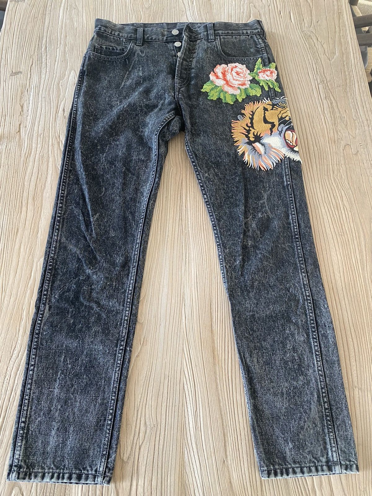 image of Gucci Tiger Flower Denim in Black, Men's (Size 31)