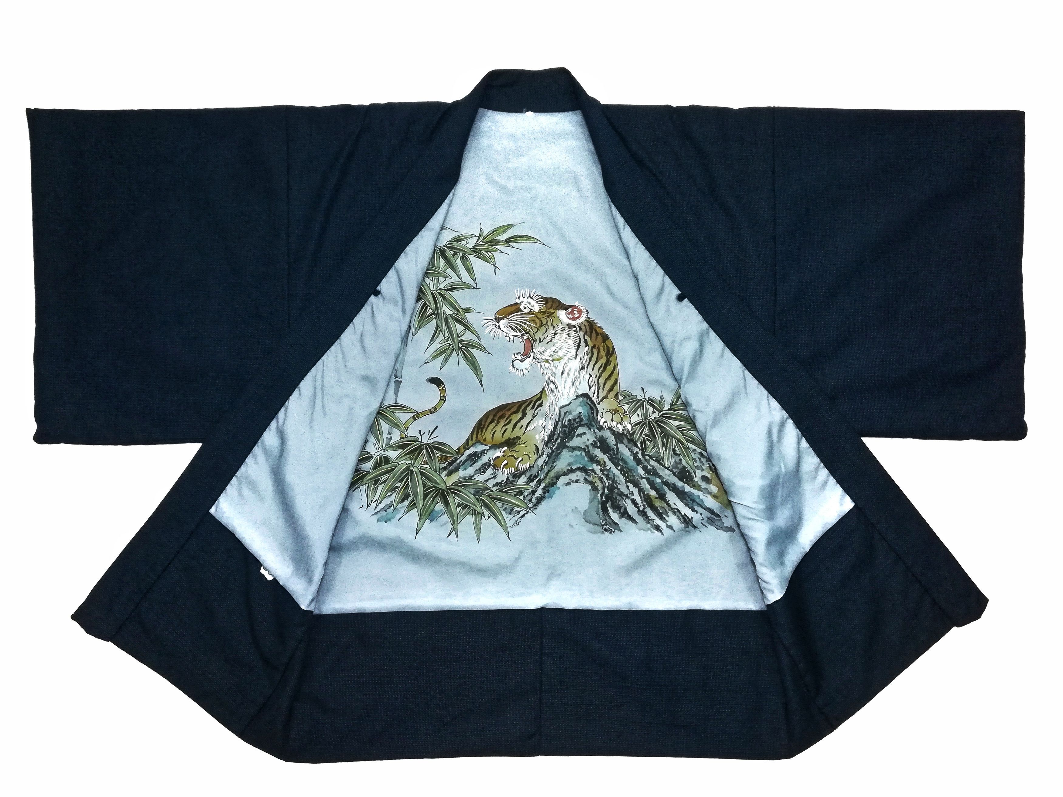 image of Art Comes First Tsumugi Silk Tiger Art Haori Kimono Jacket Sanjuro Style in Blue, Men's (Size Large