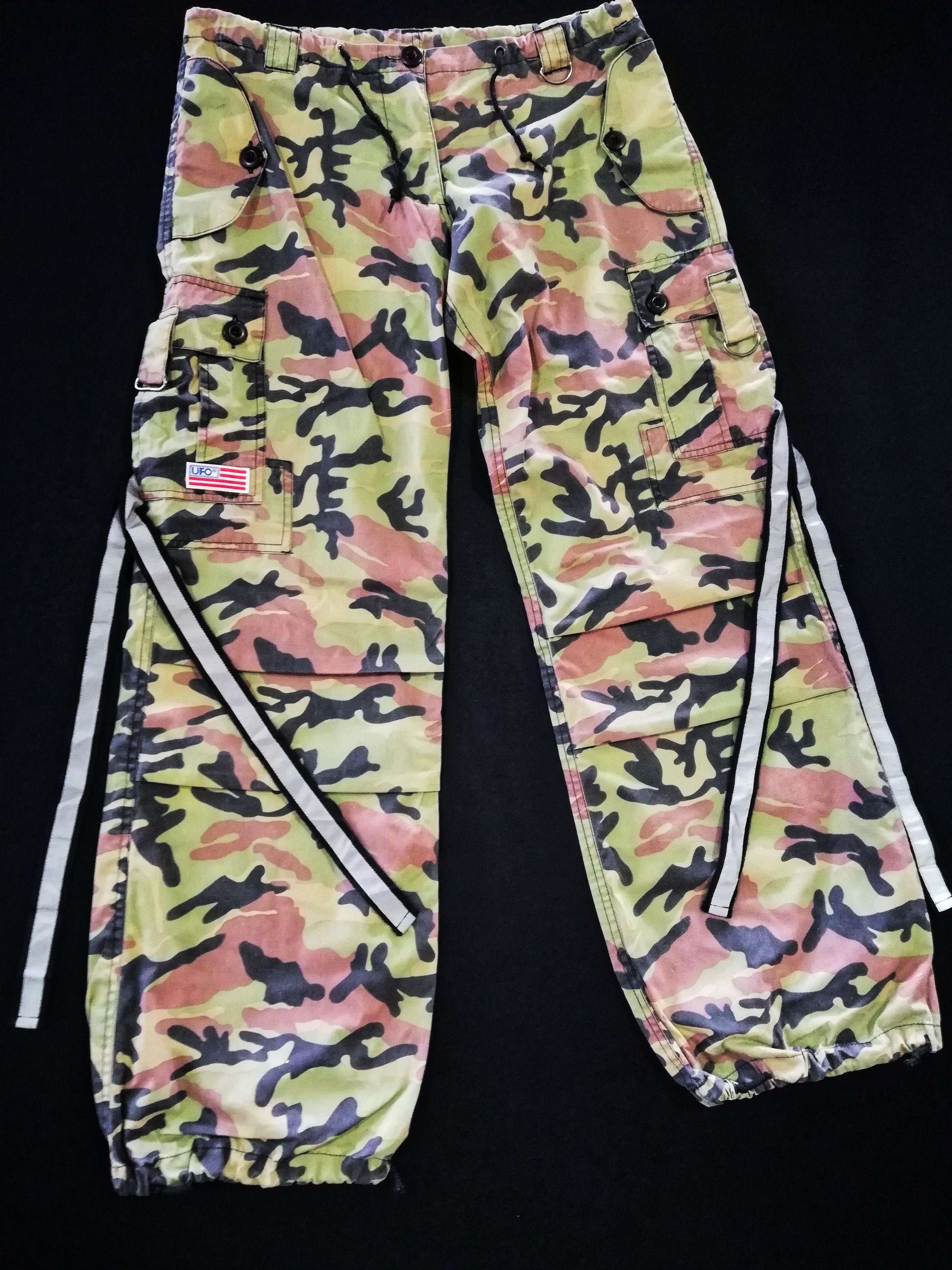 image of Ufo Joggers Cargo Drawstring Bondage Parachute Pants in Green Camo, Men's (Size 32)