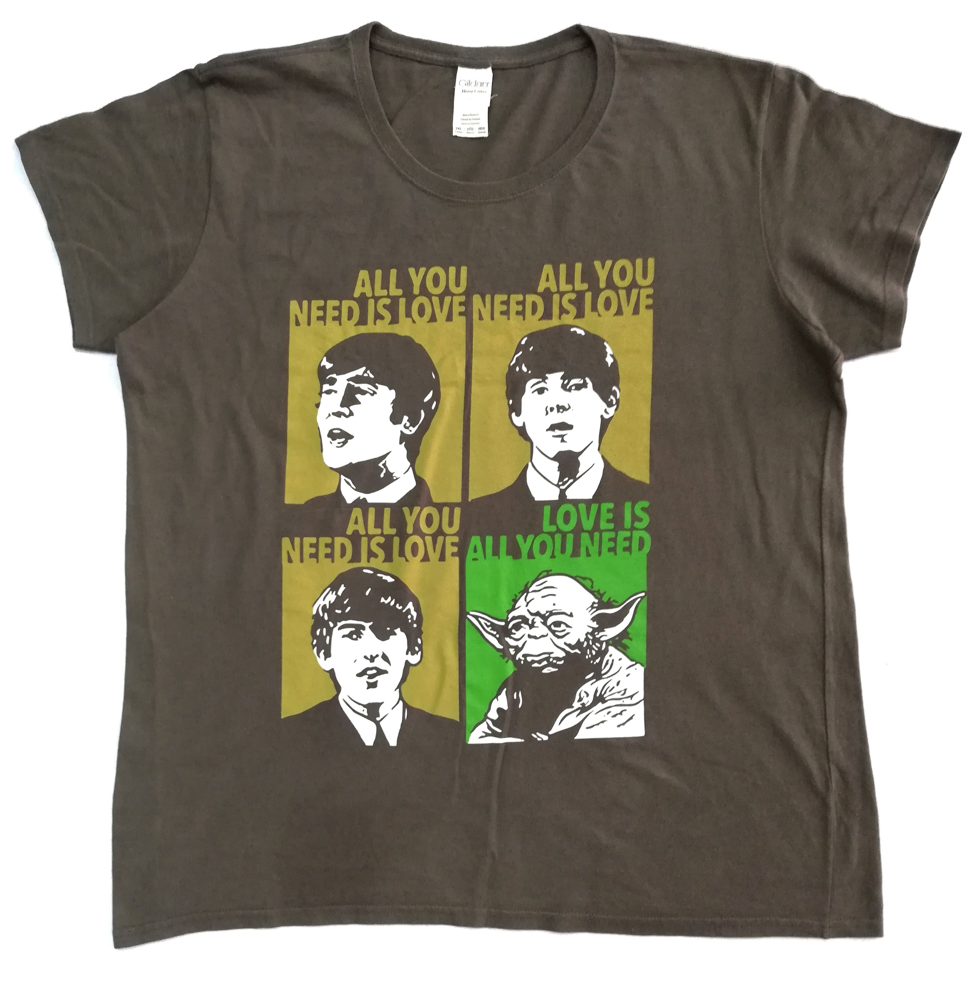 image of Band Tees x Gildan The Beatles Yoda Love Is All You Need T-Shirt in Brown, Men's (Size Large)