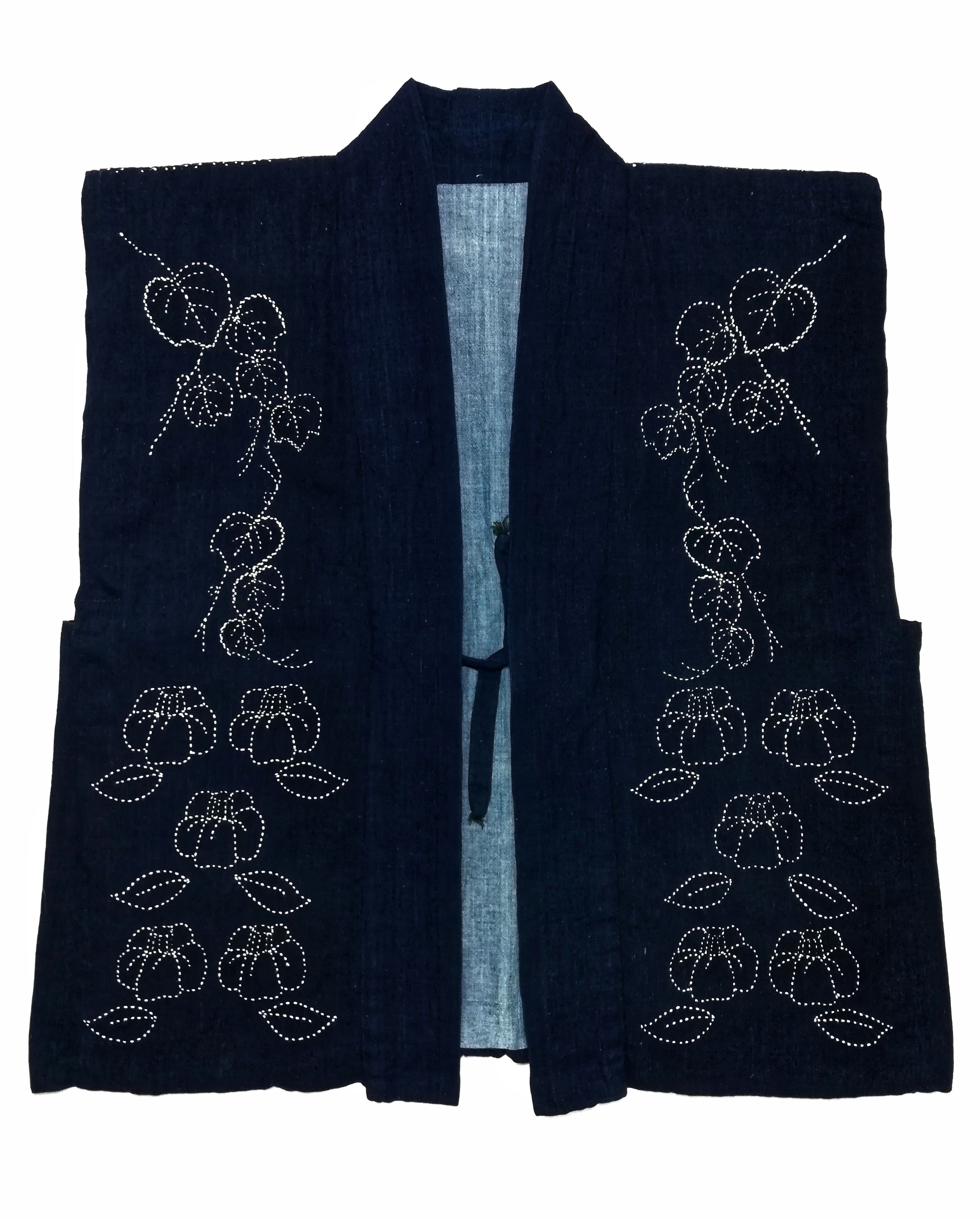 image of Art Comes First x Indigo Traditional Boro Sashiko Kimono Vest Flower Stitching in Indigo (Size Medi