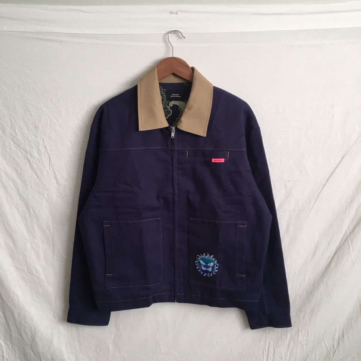 image of Gosha Rubchinskiy x Paccbet Cotton Twill Work Jacket With Embroidered Logo in Navy (Size Large)
