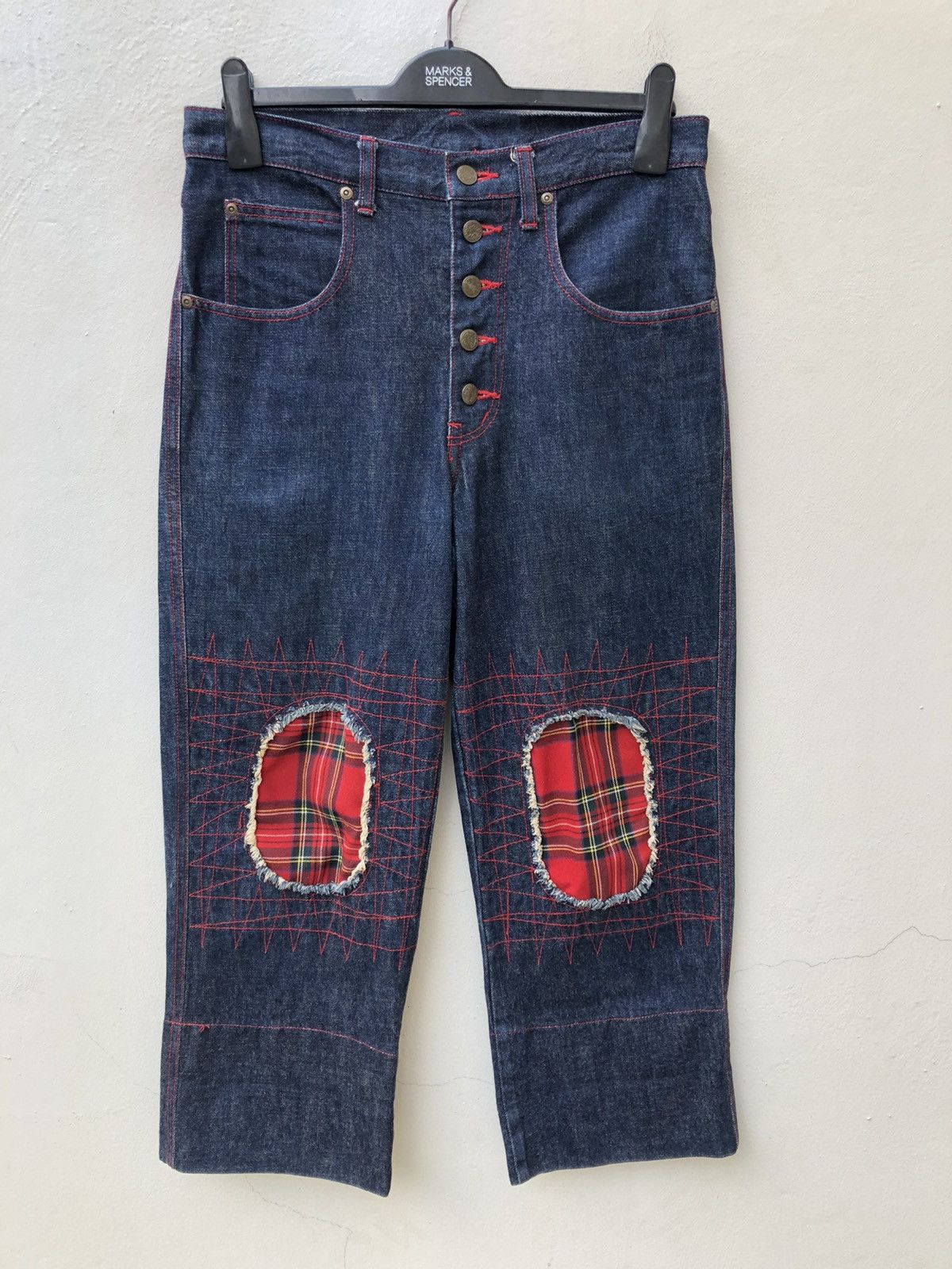 Vintage 90s Acid Jazz Men Japan Zigzag Patchwork Cropped Denim Size US 31 - 5 Thumbnail