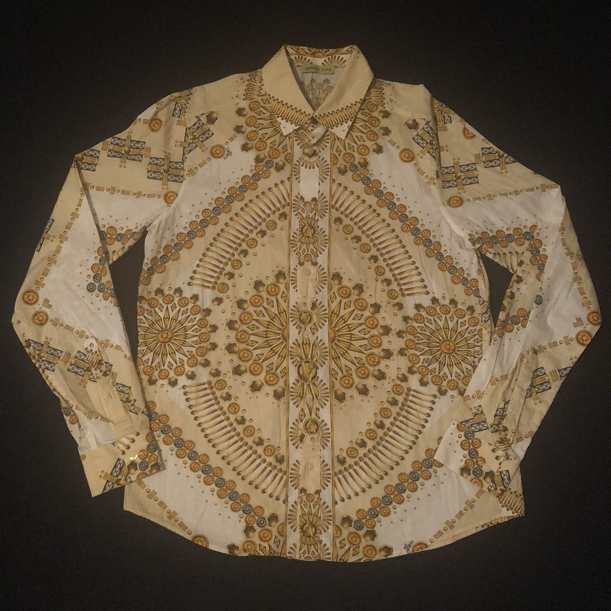 Designer  Versace  Versace Jeans Couture Versace Jeans White Button Up  Graphic Gold Print Dress Shirt | Grailed