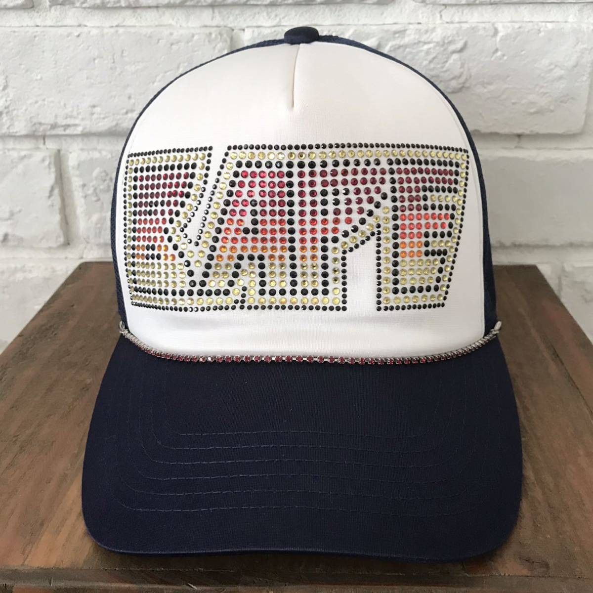 image of Bape Kiss Logo Swarovski Trucker Hat Cap Navy Ape Nigo, Men's