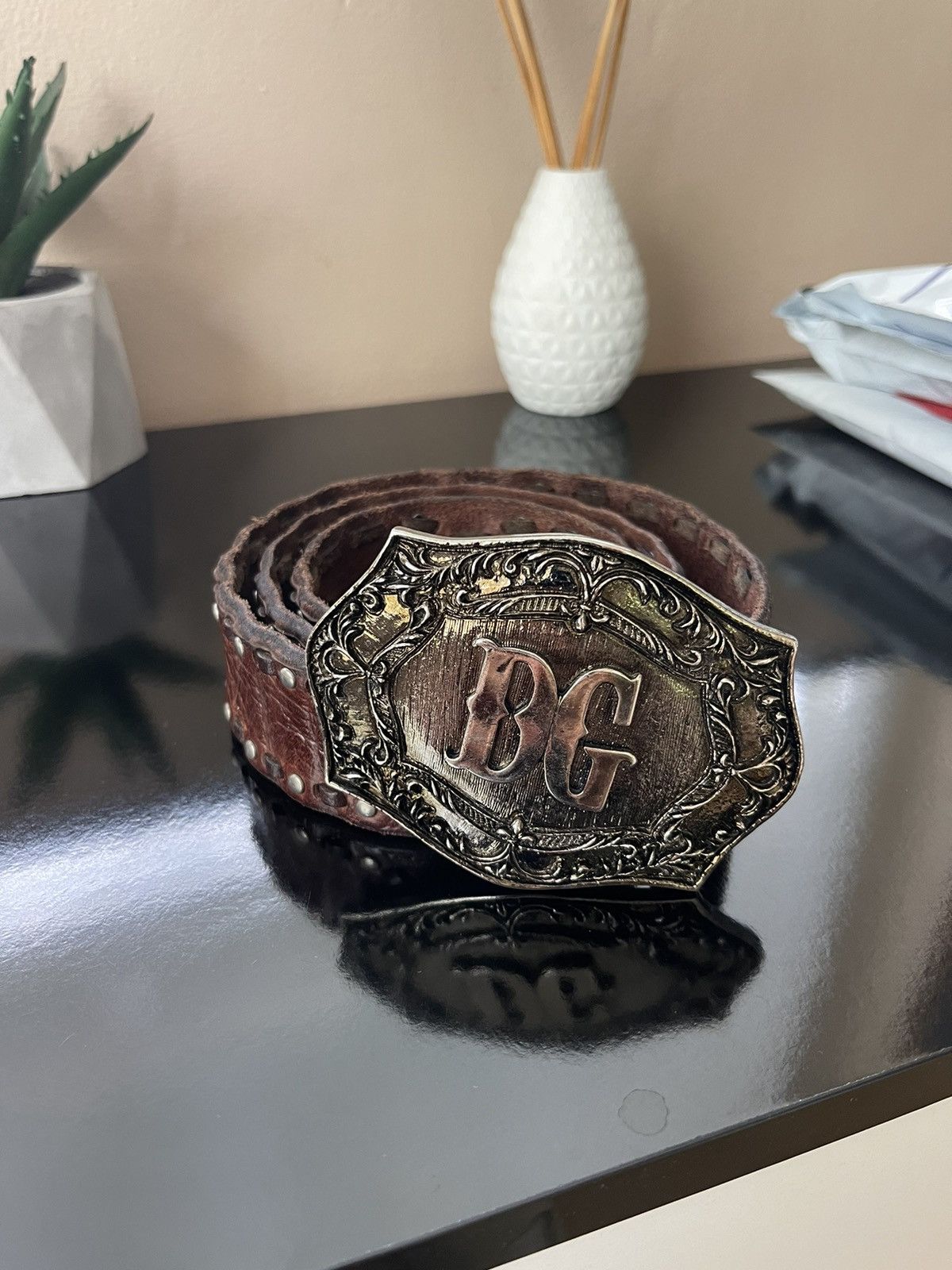 Dolce & Gabbana Dolce & Gabbana Silver Antique DG Logo Buckle Leather Belt Size 38 - 7 Thumbnail