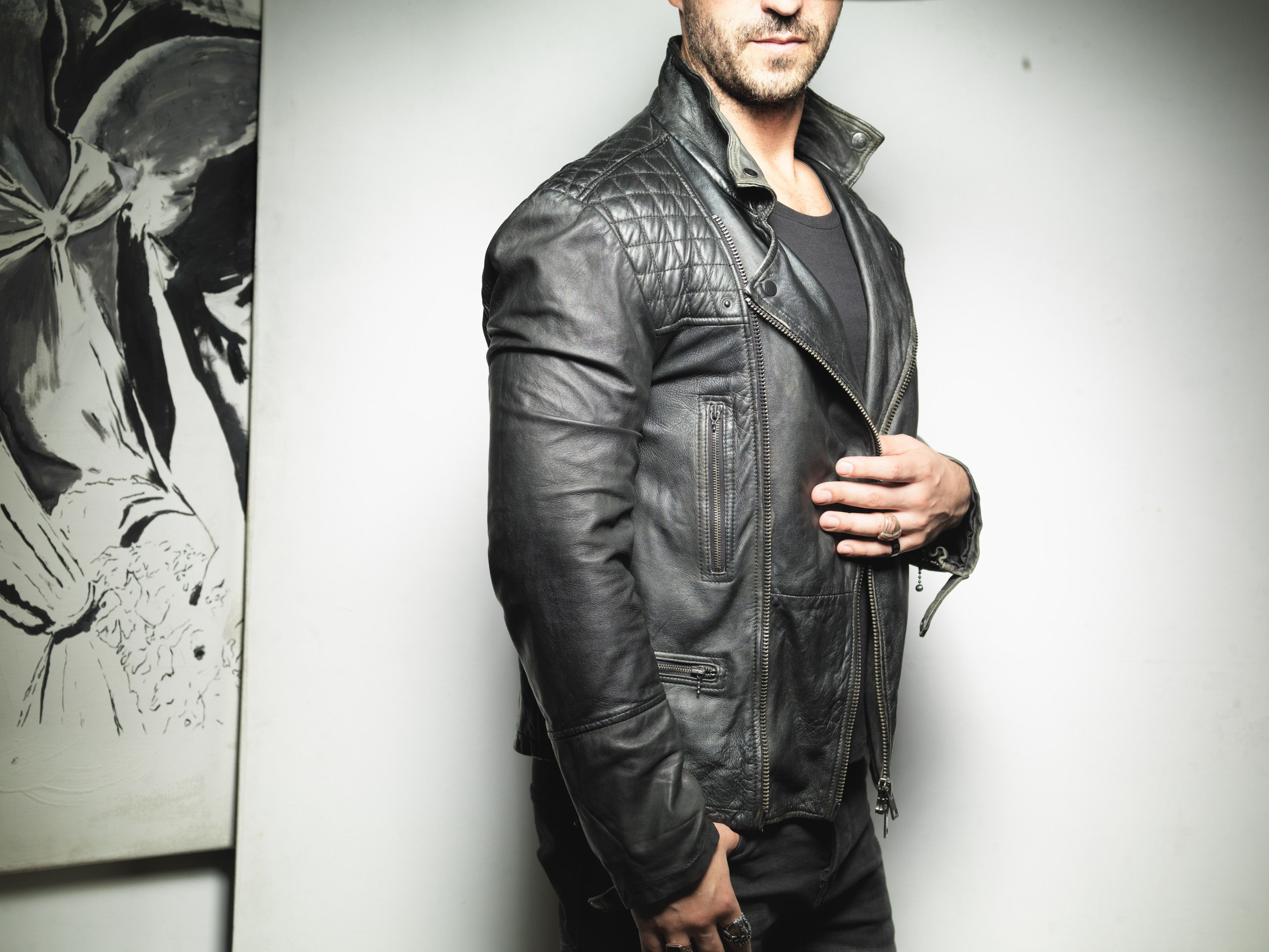 Allsaints ALL SAINTS MEN'S DARK ELEPHANT GRAY LEATHER BIKER JACKET Size US M / EU 48-50 / 2 - 6 Thumbnail