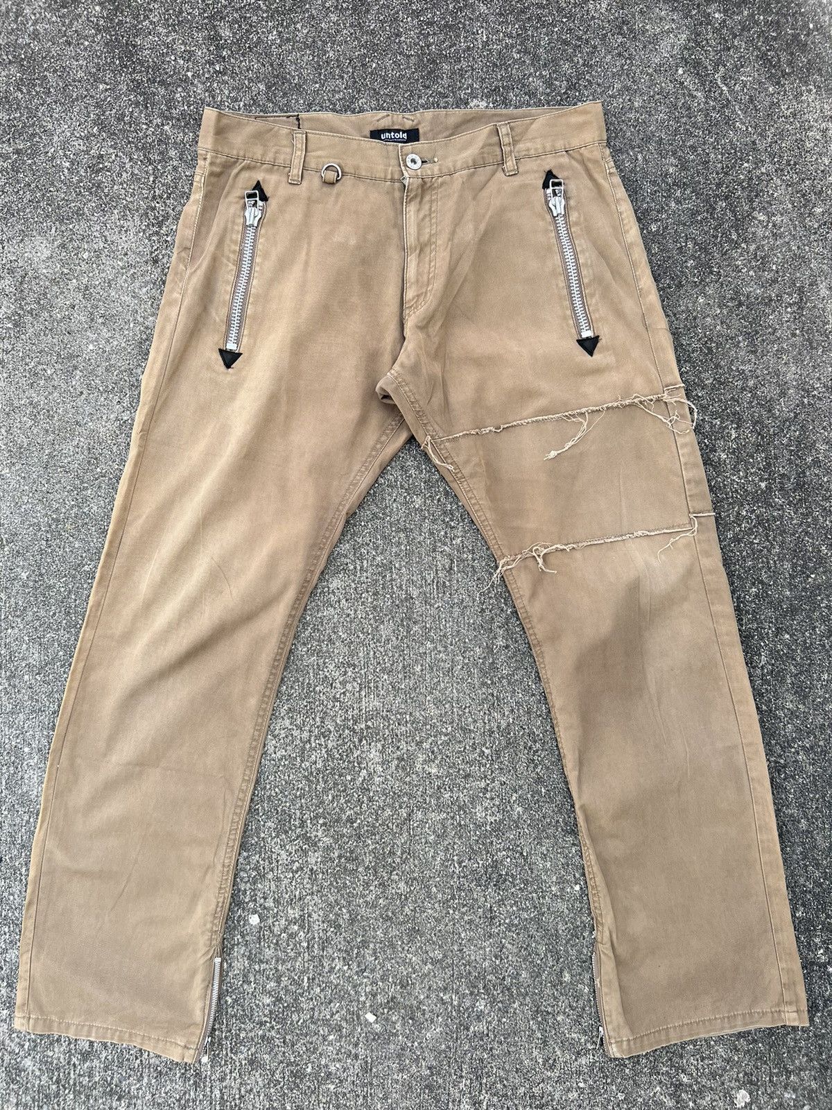 Vintage UNTOLD Japan Distressed Rips Khaki Cropped Trouser Pant Size US 31 - 1 Thumbnail