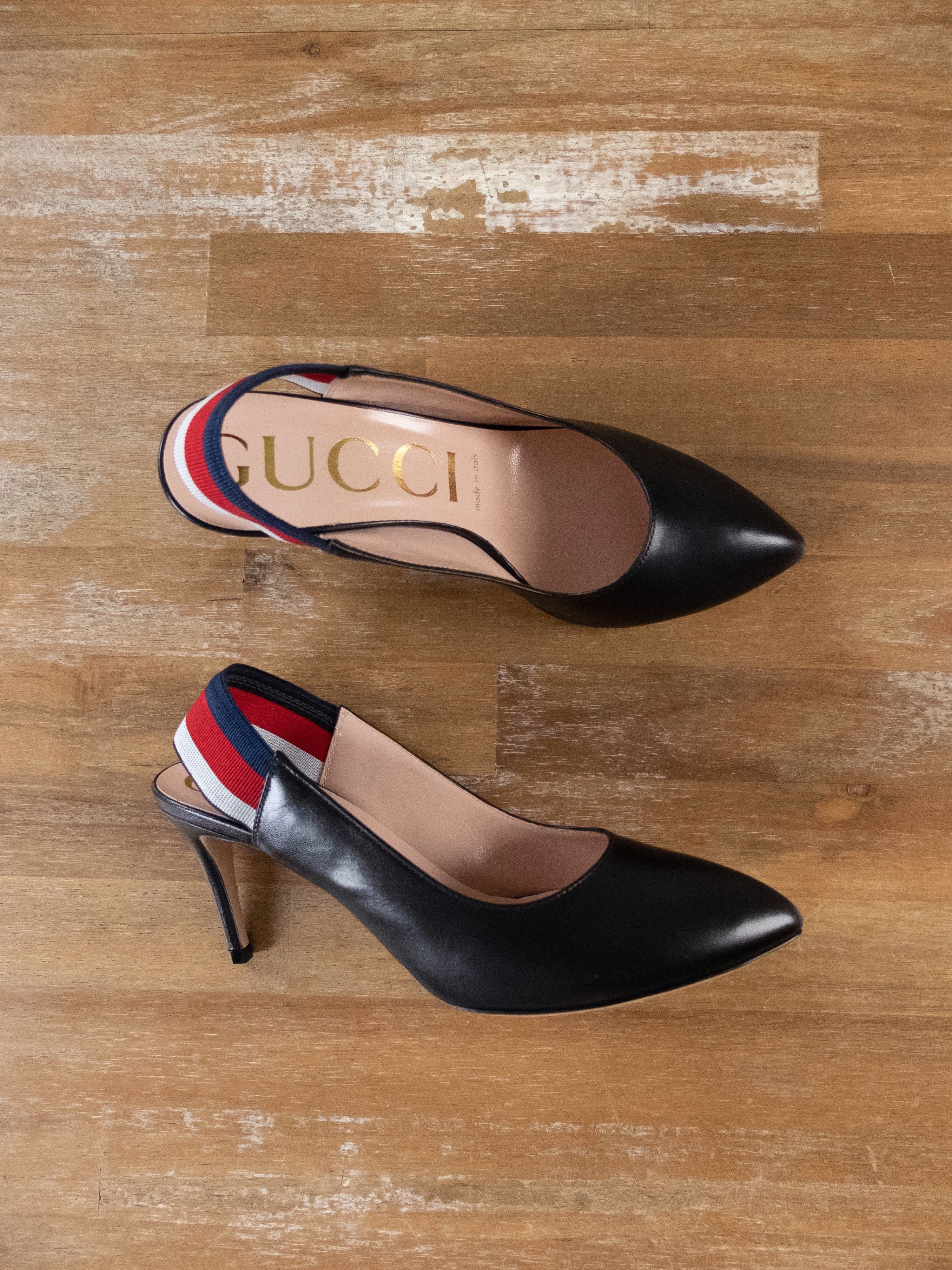 Gucci GUCCI Sylvie black leather slingback pumps sandals 6.5 36.5 Size US 6.5 / IT 36.5 - 3 Thumbnail