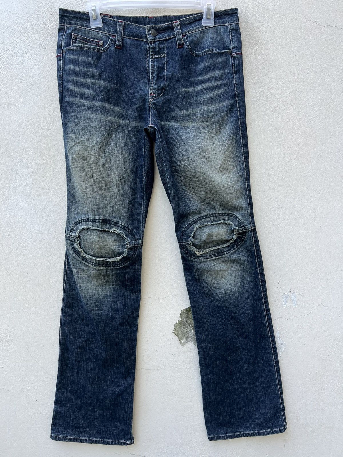 Marithe + Francois Girbaud Vintage MFG Patch Knee Fade Denim Stretch Flare Jeans Size US 31 - 6 Thumbnail